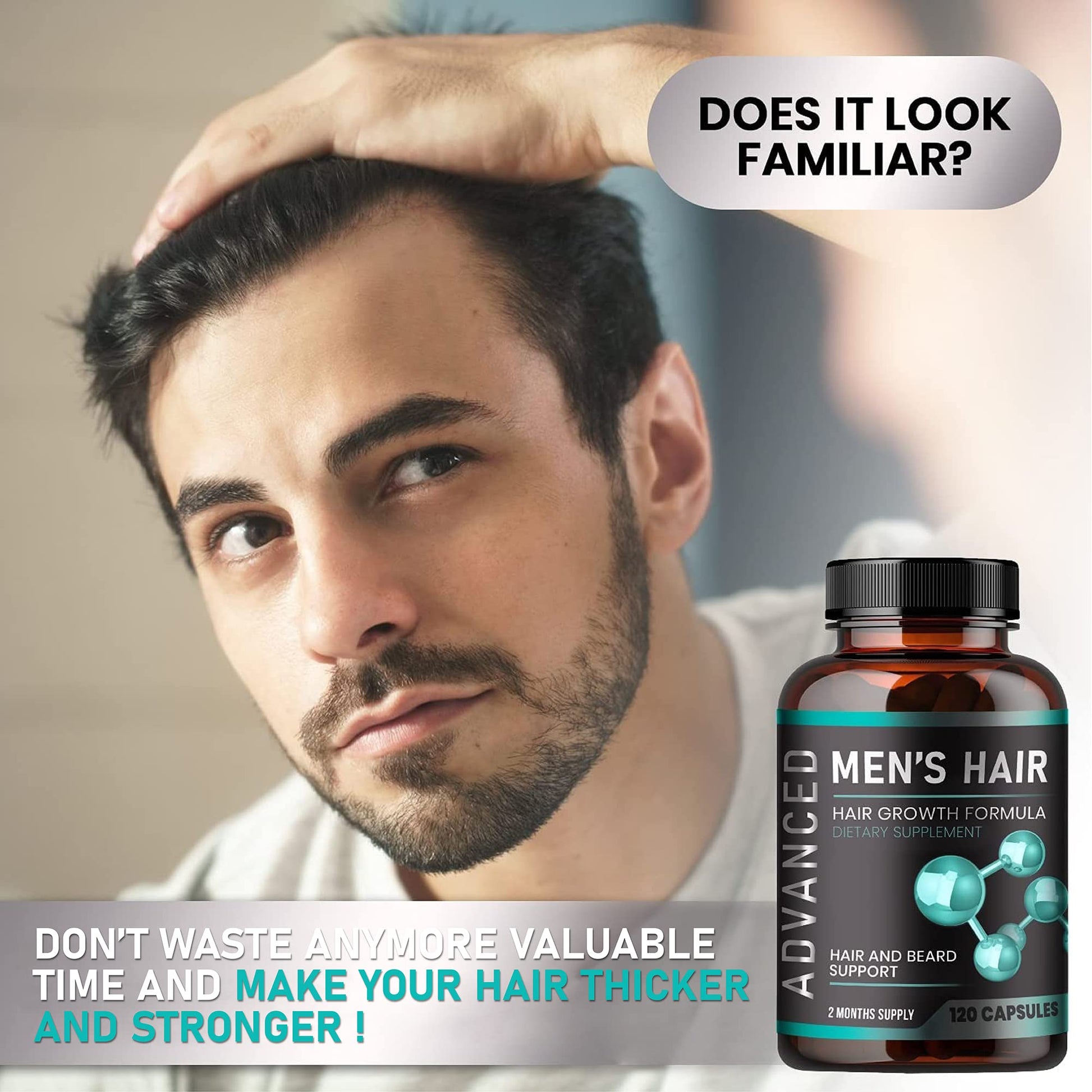 Hair Growth Vitamins For Men - Anti Hair Loss Pills. Regrow Hair & Beard Growth Supplement For Volumize, Thicker Hair.Stop Hair Loss And Thinning Hair With Biotin & Saw Palmetto Hair Vitamins.120 Caps - Medaid International