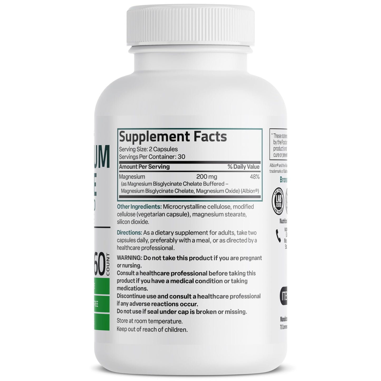 Bronson Magnesium Glycinate 200 MG per Serving Chelated for High Absorption, Gentle On Stomach, Non-GMO, 60 Vegetarian Capsules - Medaid International