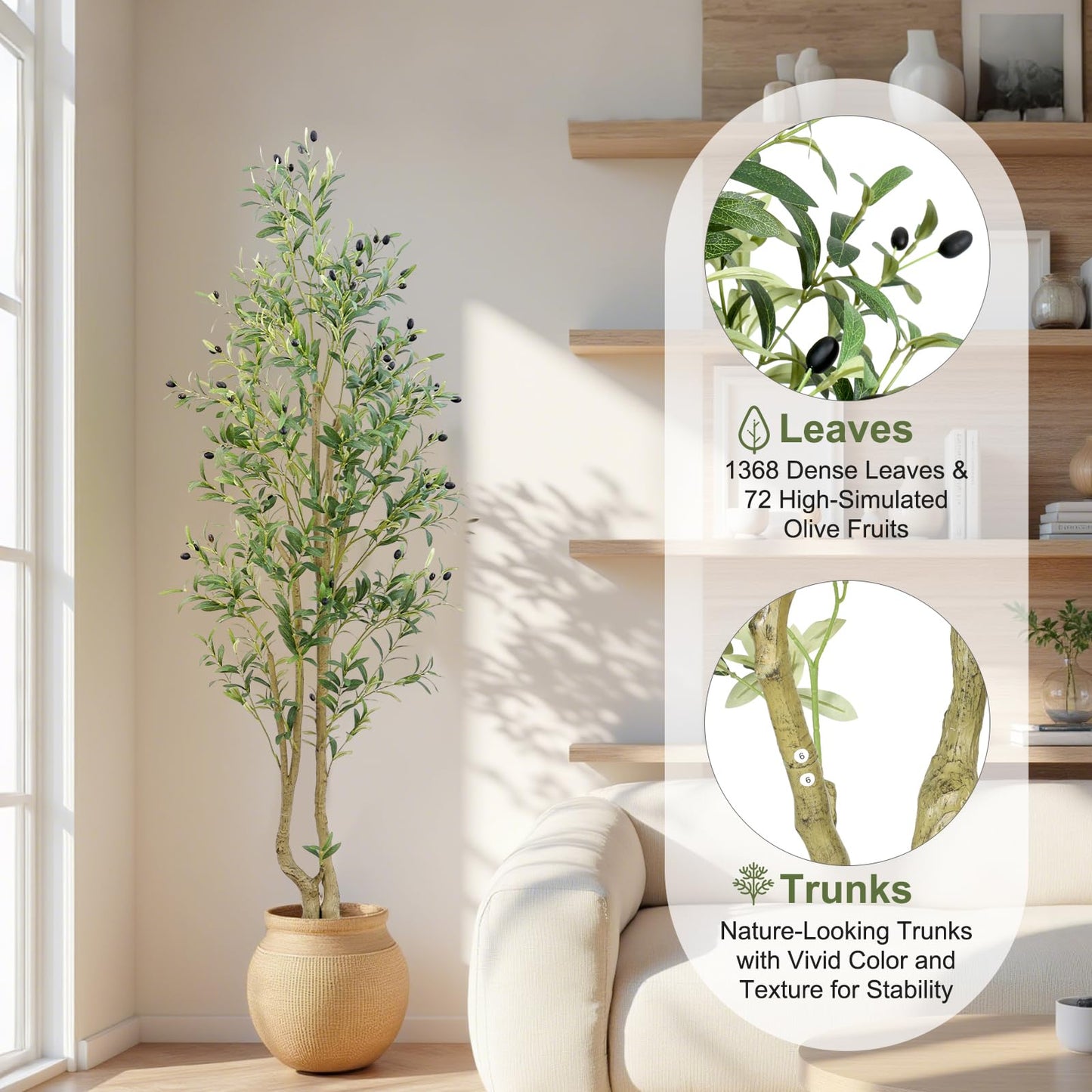 HZXGCP Olive Tree 6ft, Artificial Olive Tree with White Pot, Fake Tree with 1296 Dense Leaves & 72 High-Simulated Olive Fruits - Easy Assembly, Low Maintenance (Olive Tree 6ft) - Medaid International
