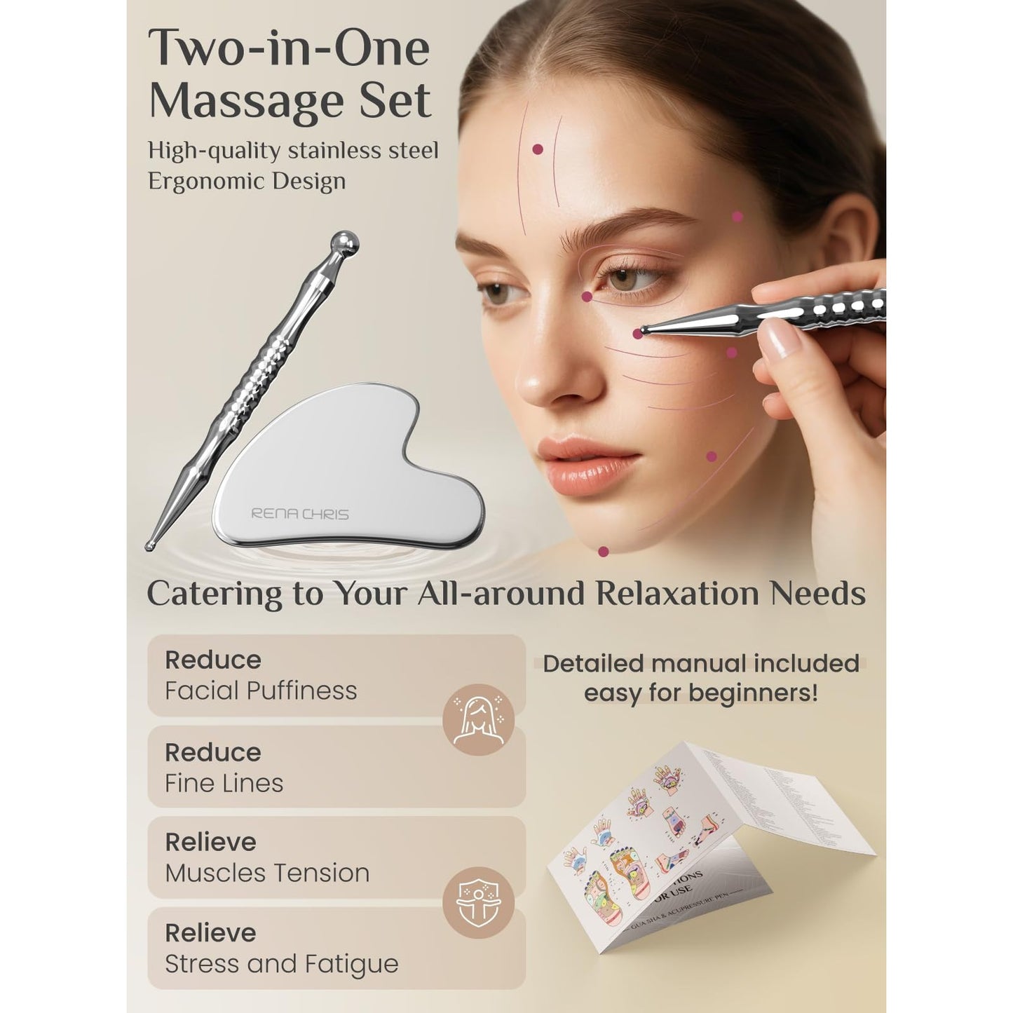 Rena Chris Acupuncture Pen, Manual Reflexology Tools for Muscle Tension and Pain Relief, Acupressure Pen and Stainless Steel Gua Sha Set with Reflexology Chart, Easy to Use - Medaid International