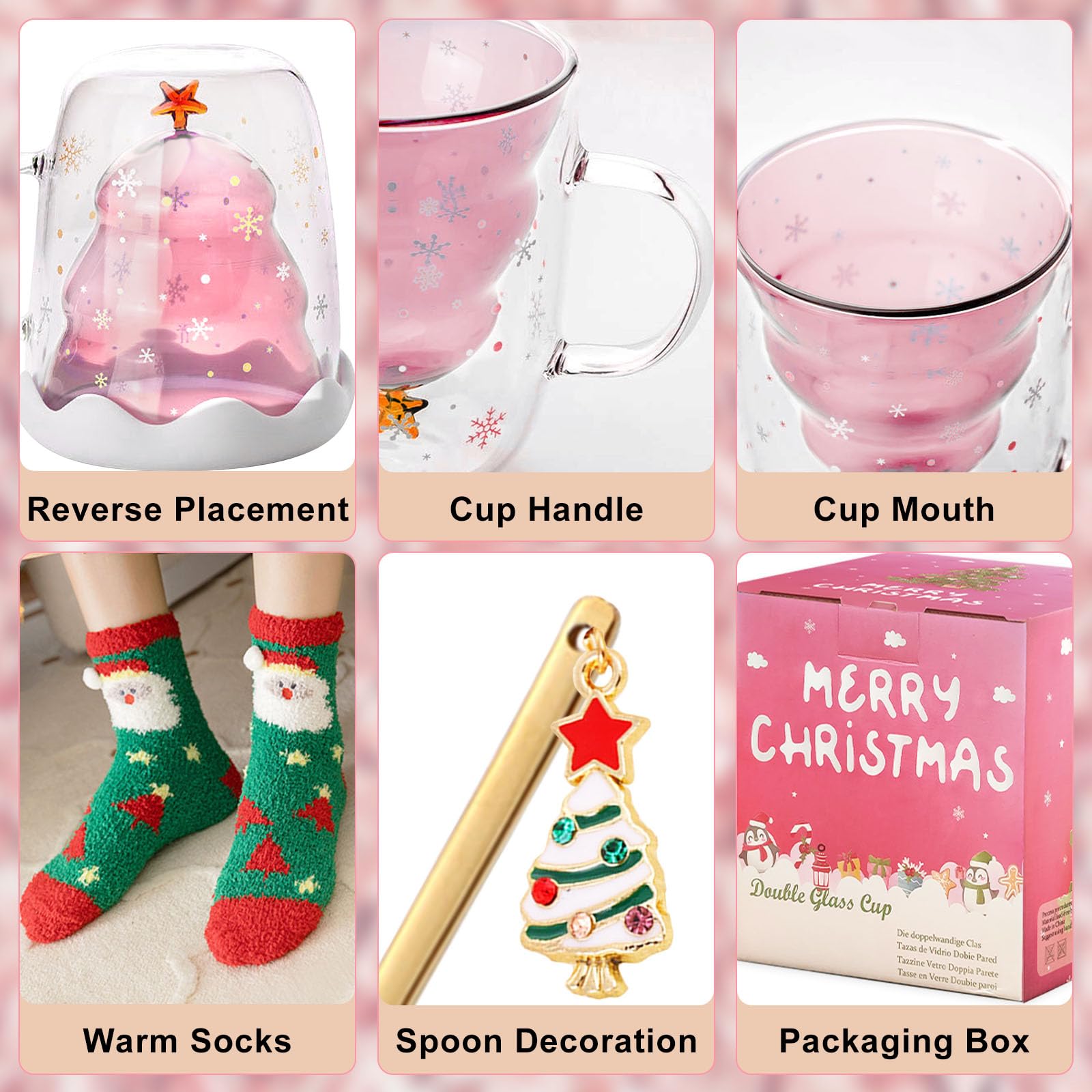 Binoster Cute Mugs Christmas Gifts Coffee Mug Double Walled Glass Mugs Milk Tea Espresso Cup Christmas Tree Decorations Christmas Funny Gifts for Women Men Kids Girls Her Best Friend（Pink） - Medaid International