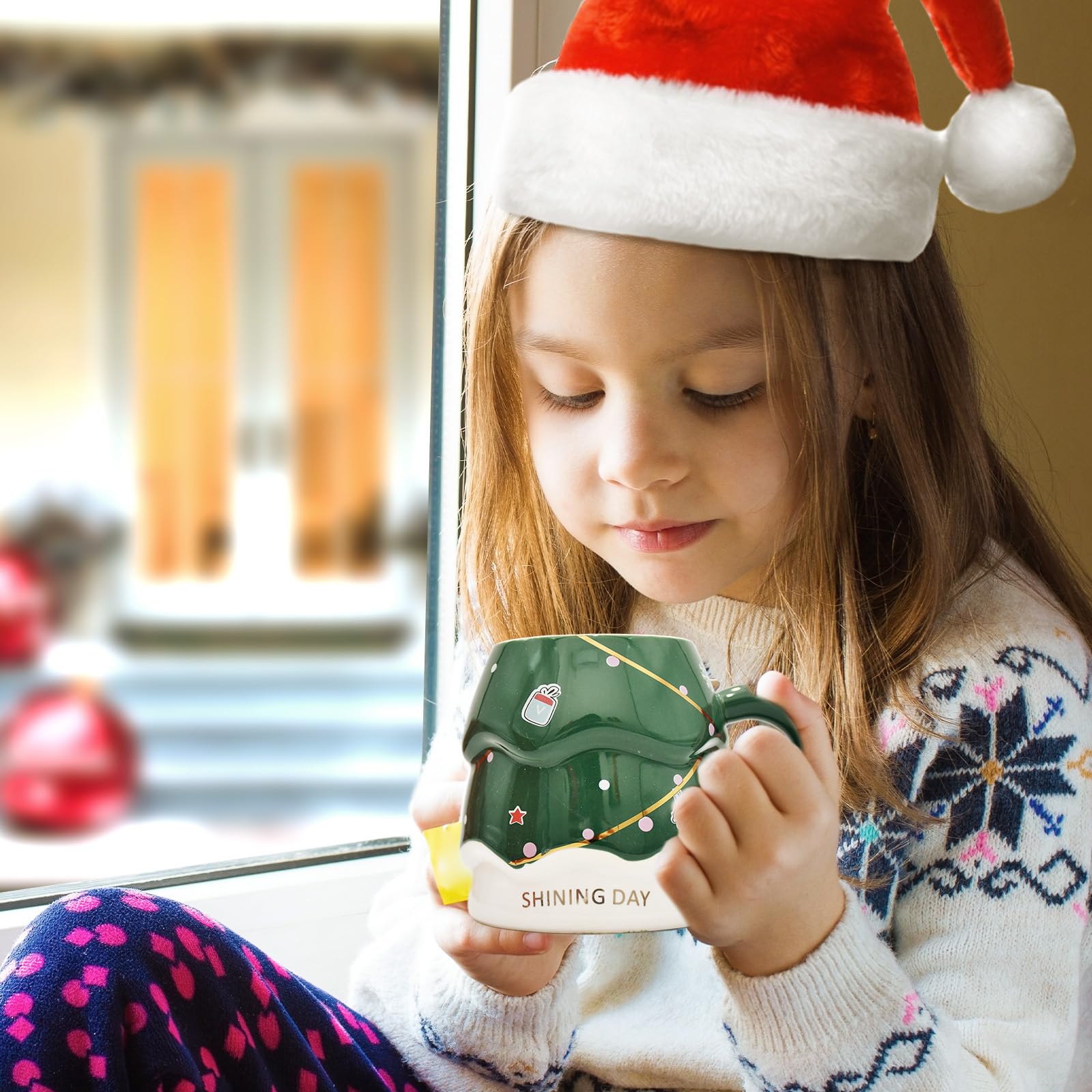 Peclek 14 oz Christmas Tree Mug with Lid and Spoon Decorations, Cute Festive Ceramic Coffee Cup, Winter Xmas Holiday Birthday Tabletop Drinkware Teacup Gifts for Adults Kids Men Women (Green) - Medaid International