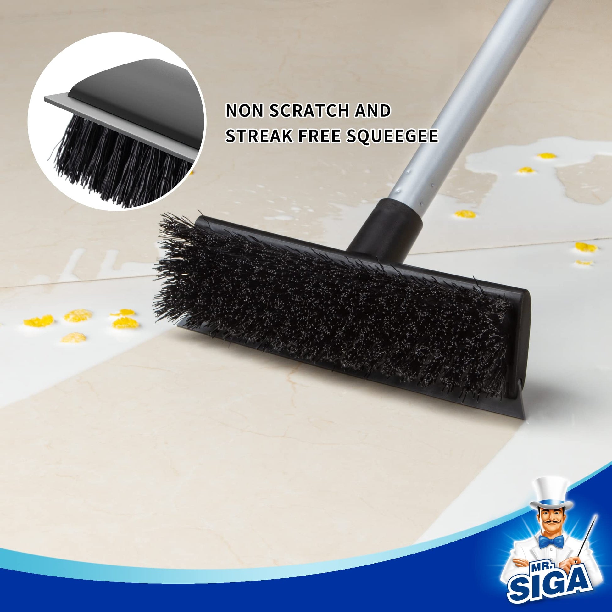 MR.SIGA Floor Scrub Brush with Long Handle, 2 in 1 Scrubber and Squeegee for Cleaning Bathroom, Patio, Garage, Wall, Tile with Stiff Bristles - Medaid International