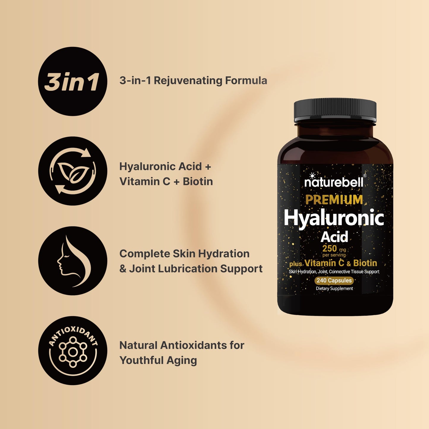 NatureBell Hyaluronic Acid Supplements 250mg | 240 Capsules, with Biotin 5000mcg & Vitamin C 25mg, 3 in 1 Support - Skin Hydration, Joint Lubrication, Hair and Eye Health - Medaid International