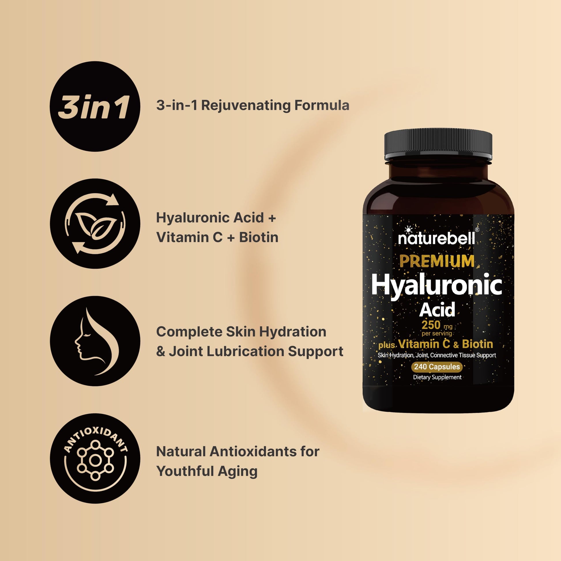 NatureBell Hyaluronic Acid Supplements 250mg | 240 Capsules, with Biotin 5000mcg & Vitamin C 25mg, 3 in 1 Support - Skin Hydration, Joint Lubrication, Hair and Eye Health - Medaid International