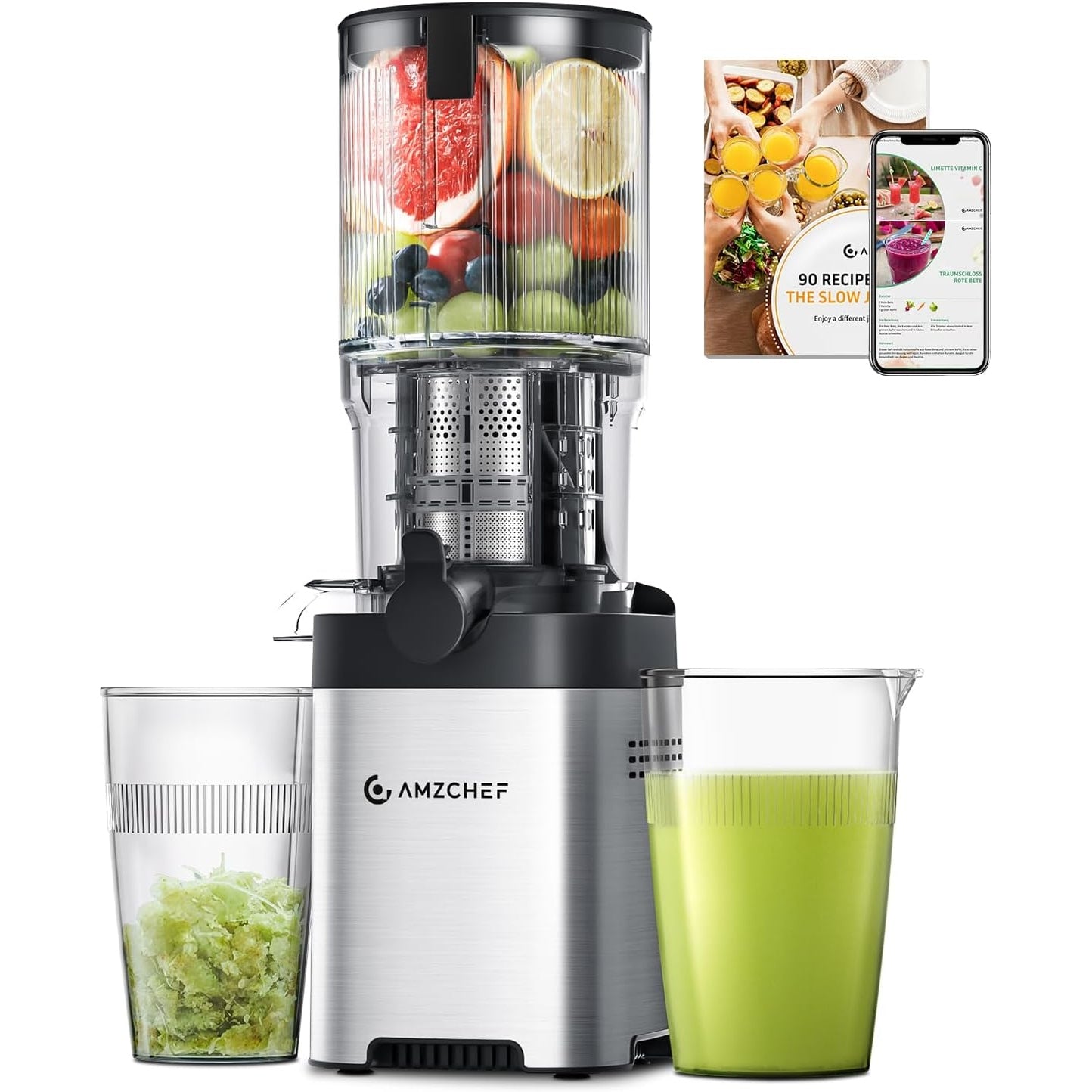 AMZCHEF Cold Press Juicer, Juicer Machines - 5.2" Large Feed Chute for Whole Fruits & Vegetables, Stainless Steel Slow Masticating Juicer Easy to Clean, Large Auger, Double Strainers, Silver - Medaid International