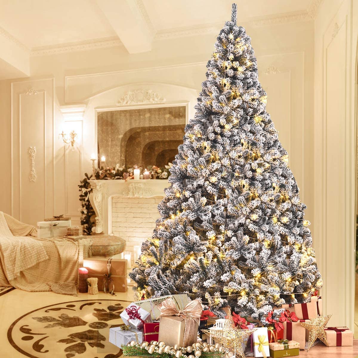 SPSUPE Artificial Christmas Tree, Premium PVC Xmas Full, Flocked Snow Pine Tree with Solid Metal Stand, Ideal for Indoor and Outdoor (9FT), White - Medaid International