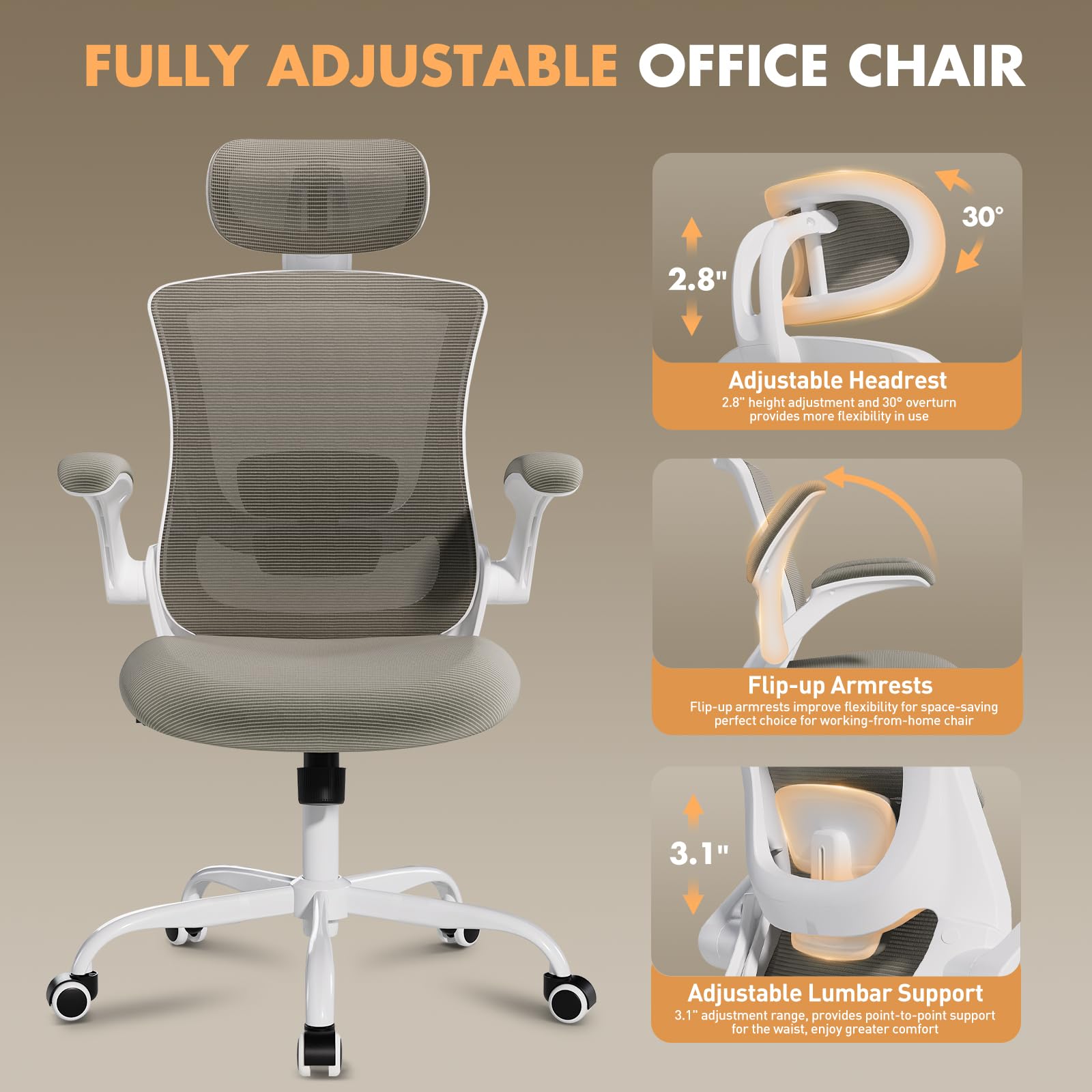 High Back Office Chair with Adjustable Lumbar Support & Headrest, Ergonomic Mesh Desk Chair with Flip-Up Armrests, Breathable & Comfortable Computer Chair for Home, Office & Study, Khaki - Medaid International