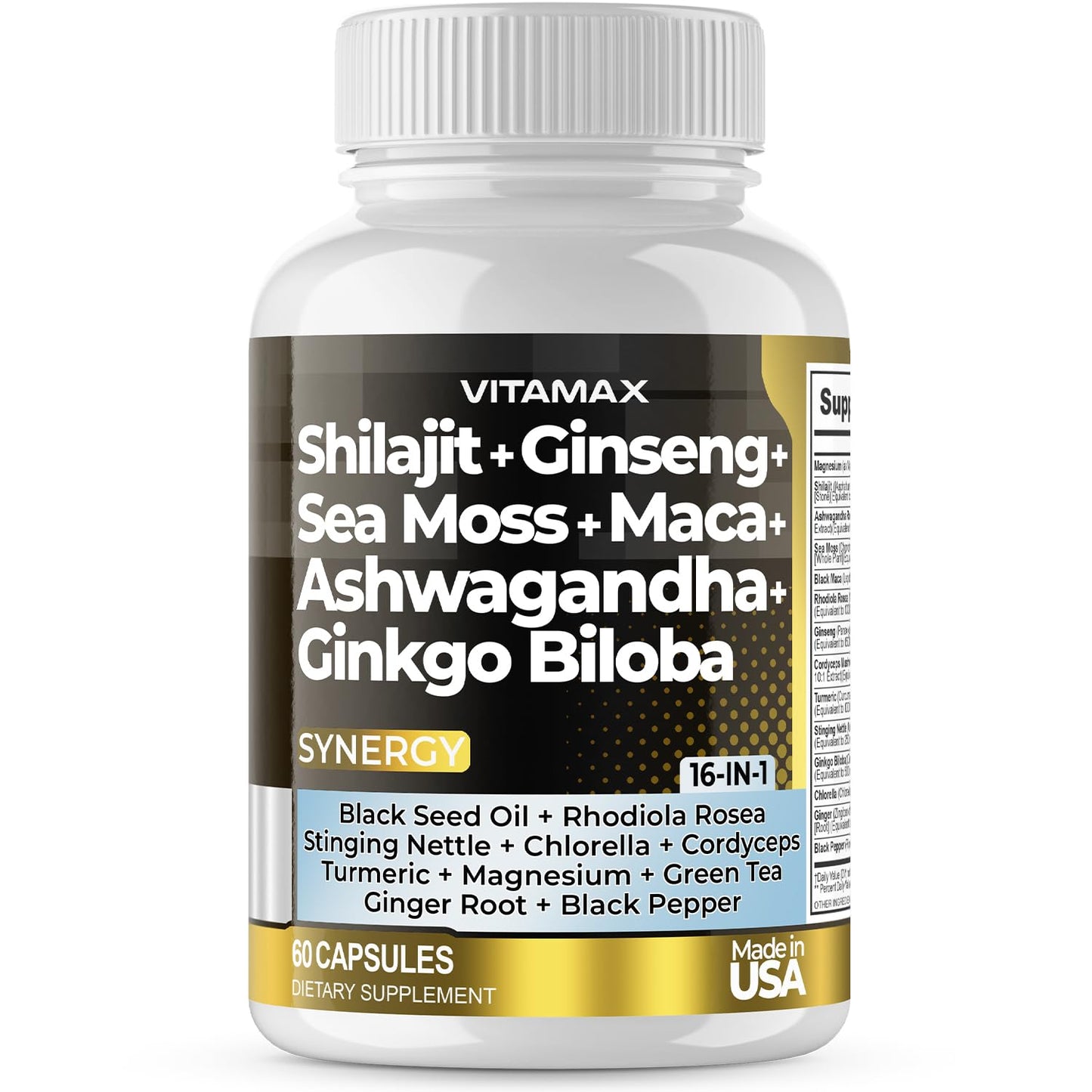 Pure Himalayan Shilajit Supplement, Ashwagandha, Sea Moss, Rhodiola Rosea, Gingko Biloba - Fulvic Acid & Trace Mineral Capsules for Men and Women – Made in USA - Medaid International