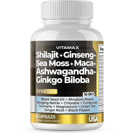 Pure Himalayan Shilajit Supplement, Ashwagandha, Sea Moss, Rhodiola Rosea, Gingko Biloba - Fulvic Acid & Trace Mineral Capsules for Men and Women – Made in USA - Medaid International