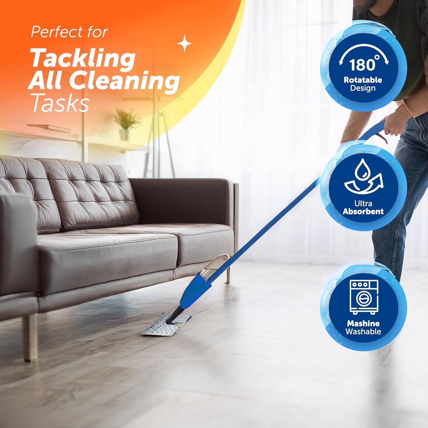 Macromax Falcon Double Spray Mop – 2‑Sided Microfiber Floor Mop with 700ml Refillable Bottle – 360° Rotating Head – Water-Saving Bucket-Free Cleaning – for Hardwood, Tile & Laminate - Medaid International