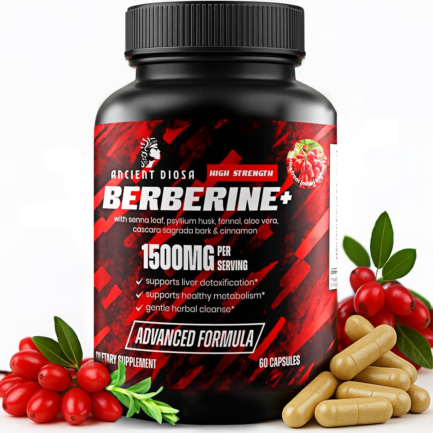 ANCIENT DIOSA Berberine Supplement, 60 Capsules 30-Day Supply - Berberine with Ceylon Cinnamon Bark, Senna Leaf and Psyllium Husk - Supports Liver Detoxification, Gut Health, Digestion and Bloating - Medaid International