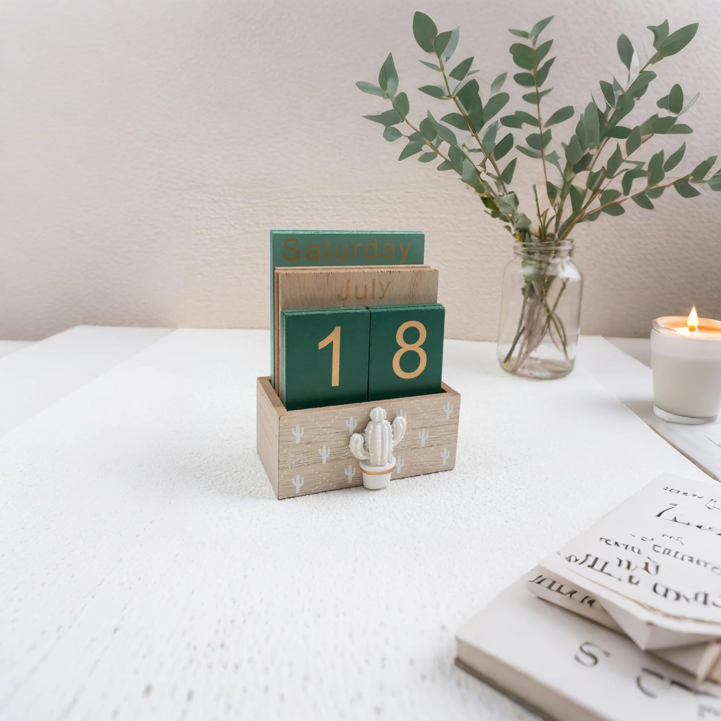 Notakia Perpetual Calendar, Wooden Calendar for Home Office Desk Accessories Vintage Wood Block Calendar(Green) - Medaid International