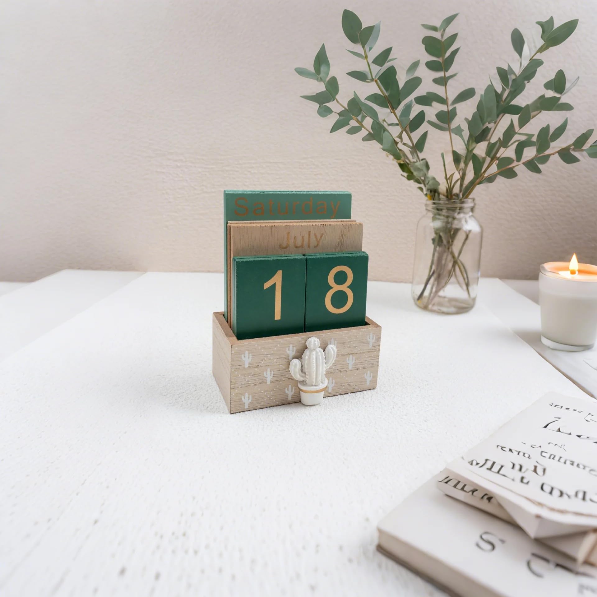 Notakia Perpetual Calendar, Wooden Calendar for Home Office Desk Accessories Vintage Wood Block Calendar(Green) - Medaid International
