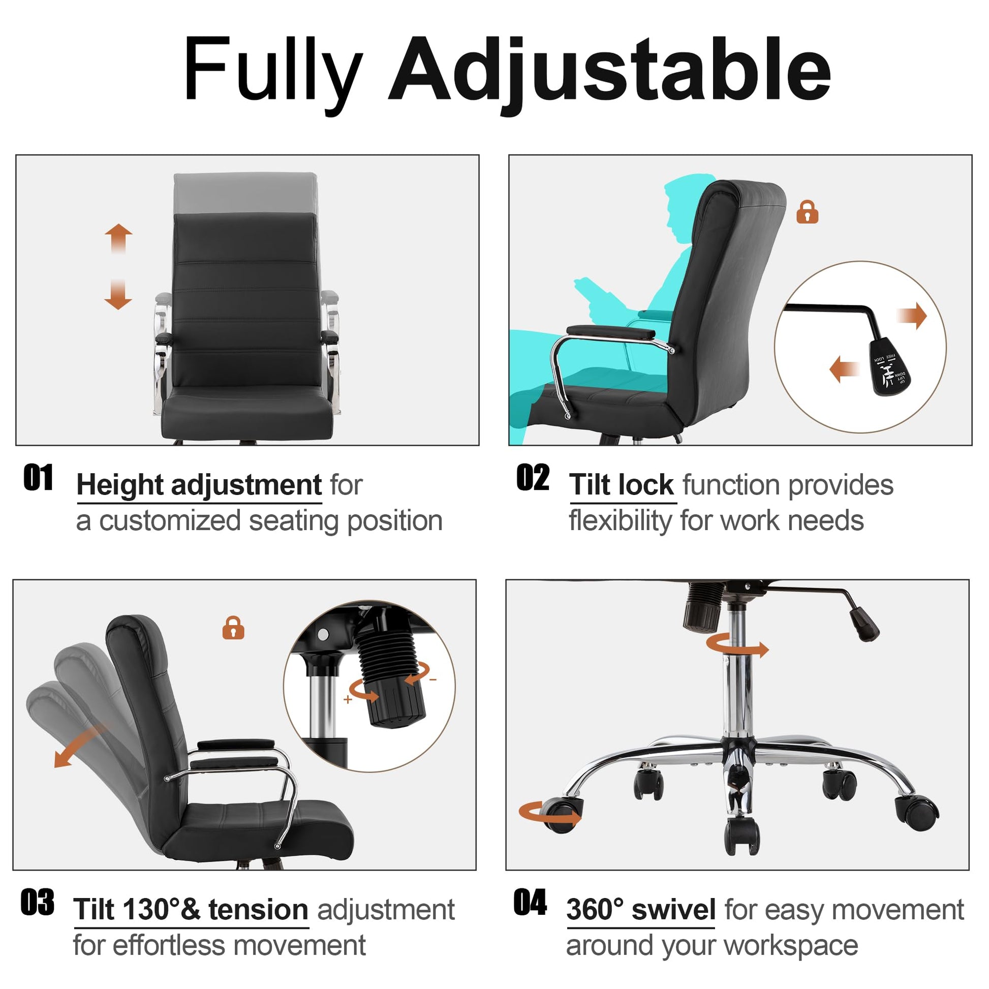 BOWTHY Office Desk Chair,Modern Leather Conference Room Chairs,High Back Ergonomic Home ofiice Chair,Adjustable Height Swivel Executive Computer Chair with Padded Seat and Armrest - Medaid International