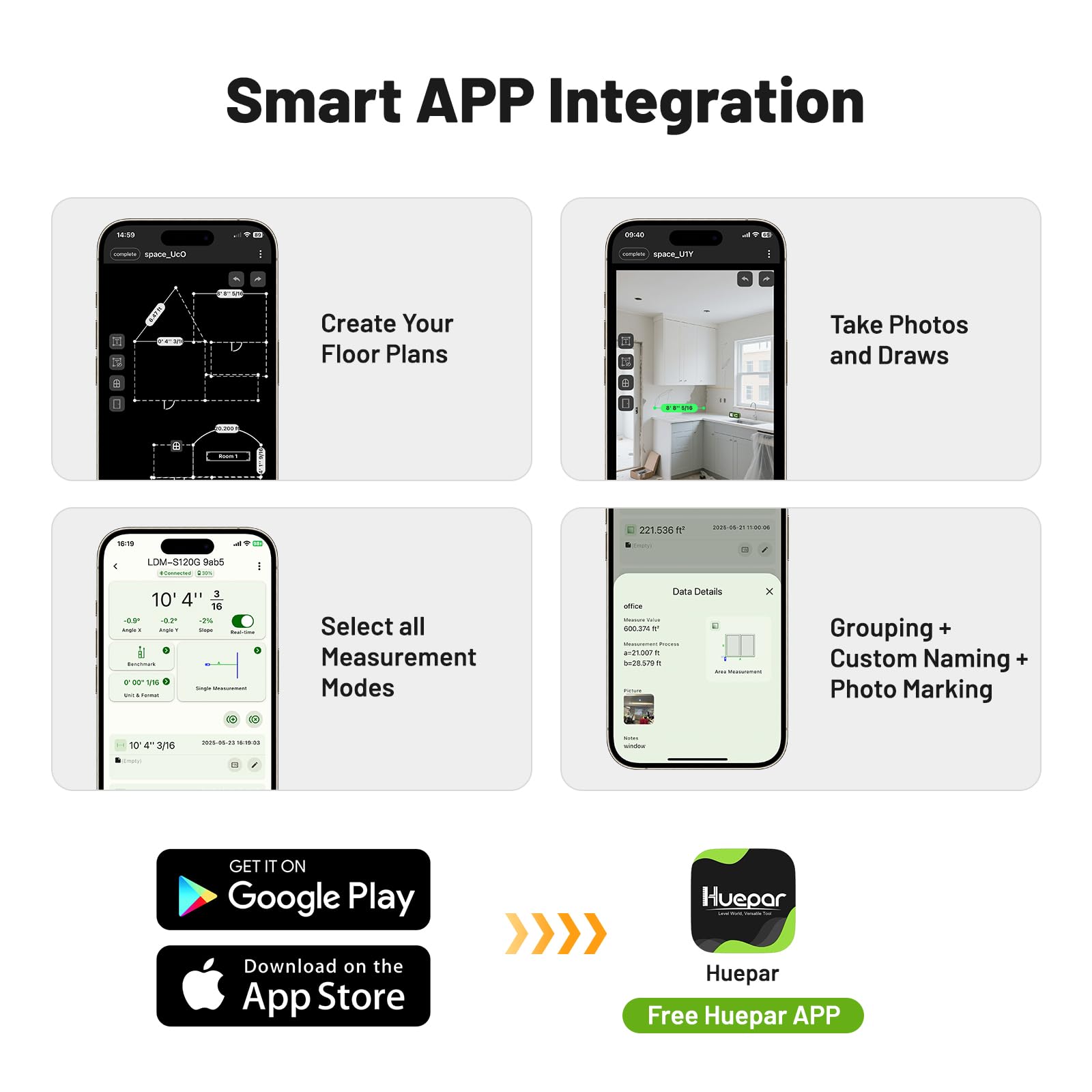395FT Bluetoothed Green Laser Measuring Tool with Angle Sensor, Huepar 1/16in Accuracy Laser Distance Measurement Tool, Digital Laser Room Measuring Device, Laser Distance Meters - Medaid International