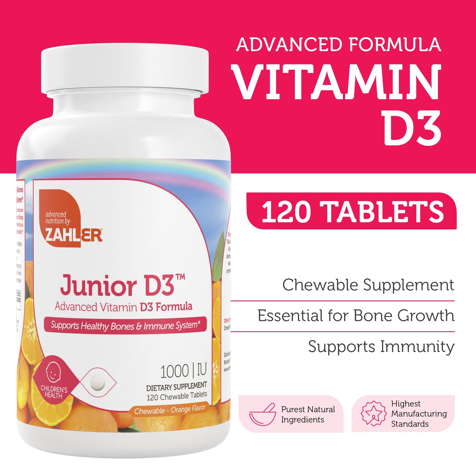 Zahler Junior D3 Vitamins 1000 IU - for Kids - Vitamin D for Kids to Support Bone, Teeth & Immune Health - Kosher Orange Flavor - 120 Count. - Medaid International