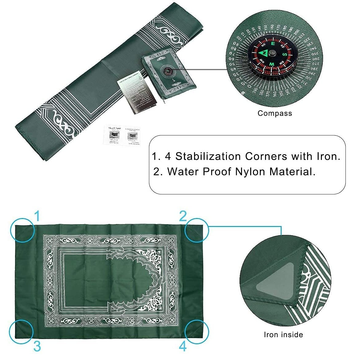 Hitopin Travel Prayer Mat, 60cm*100cm Praying Rug, Portable Polyester Prayer Rug with Compass, Islamic Waterproof Prayer Mat, Muslim Prayer Mat, for Ramadan Gifts, Islamic Prayer (Green) - Medaid International