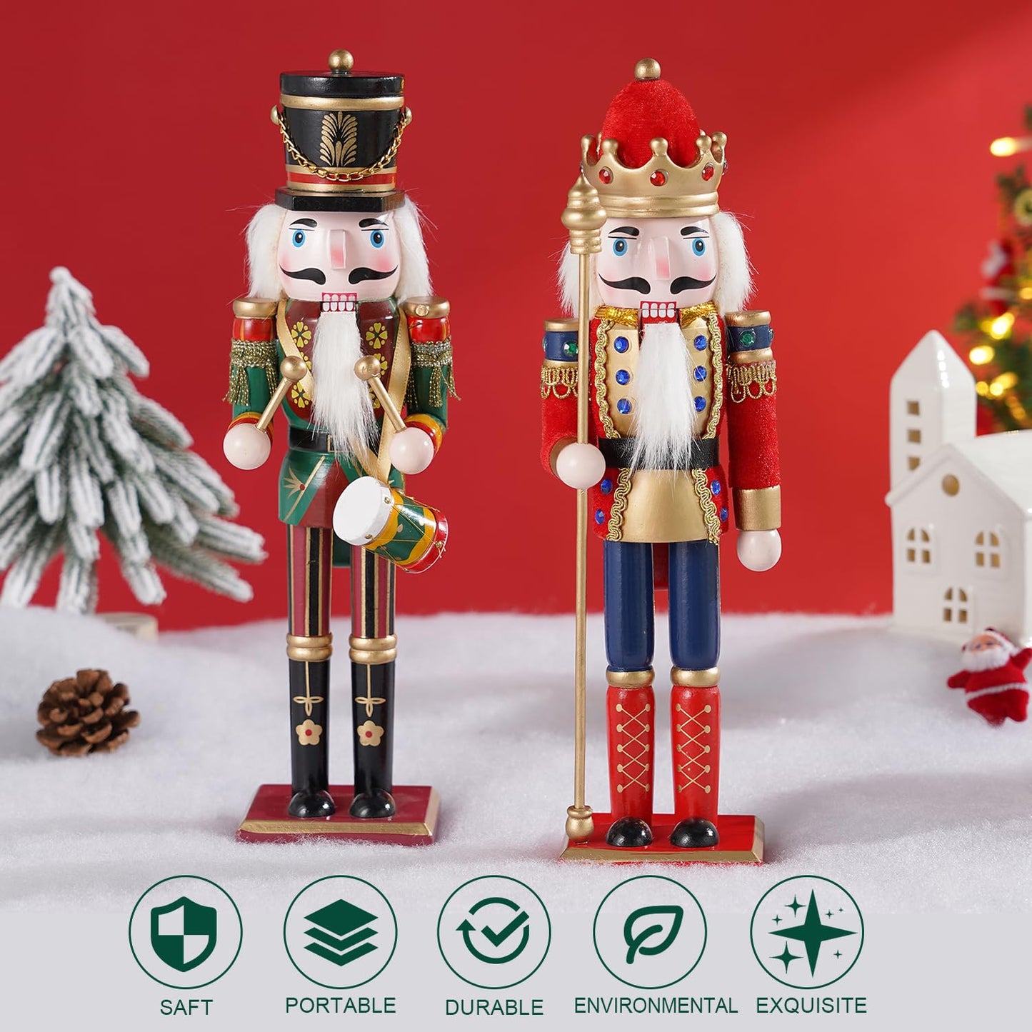Tpudn 2 Pcs Wooden Christmas Nutcracker Soldier, 30CM Traditional Painted Figures, Festive Collectible for Home Fireplace Tree Party Decoration (Drummer & Spear) - Medaid International