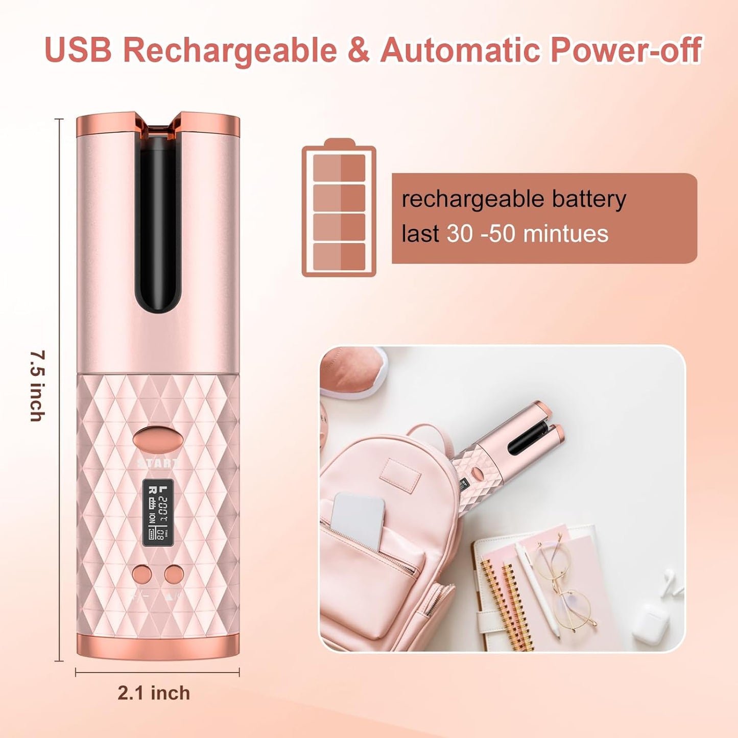 Automatic Curling Iron, Cordless Hair Curler Auto Hot Tools [6 Temp | 11 Timer | Auto Shut Off], Automatic Rotating Rechargeable Hair Curling Iron 1 inch, Portable Ceramic Travel Curling Wand, Pink - Medaid