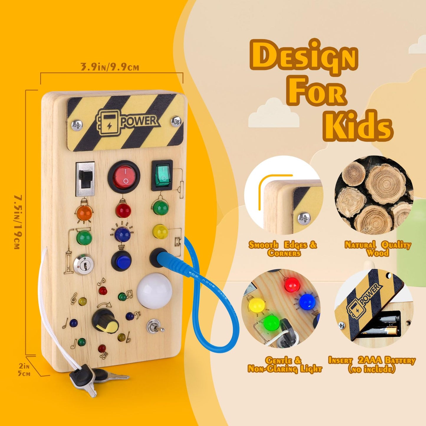 Montessori Wooden Busy Board with 8 LED Light switches, Sensory Toys Light Switch Travel Toys for 1+ Year Old Baby and Toddler - Medaid International