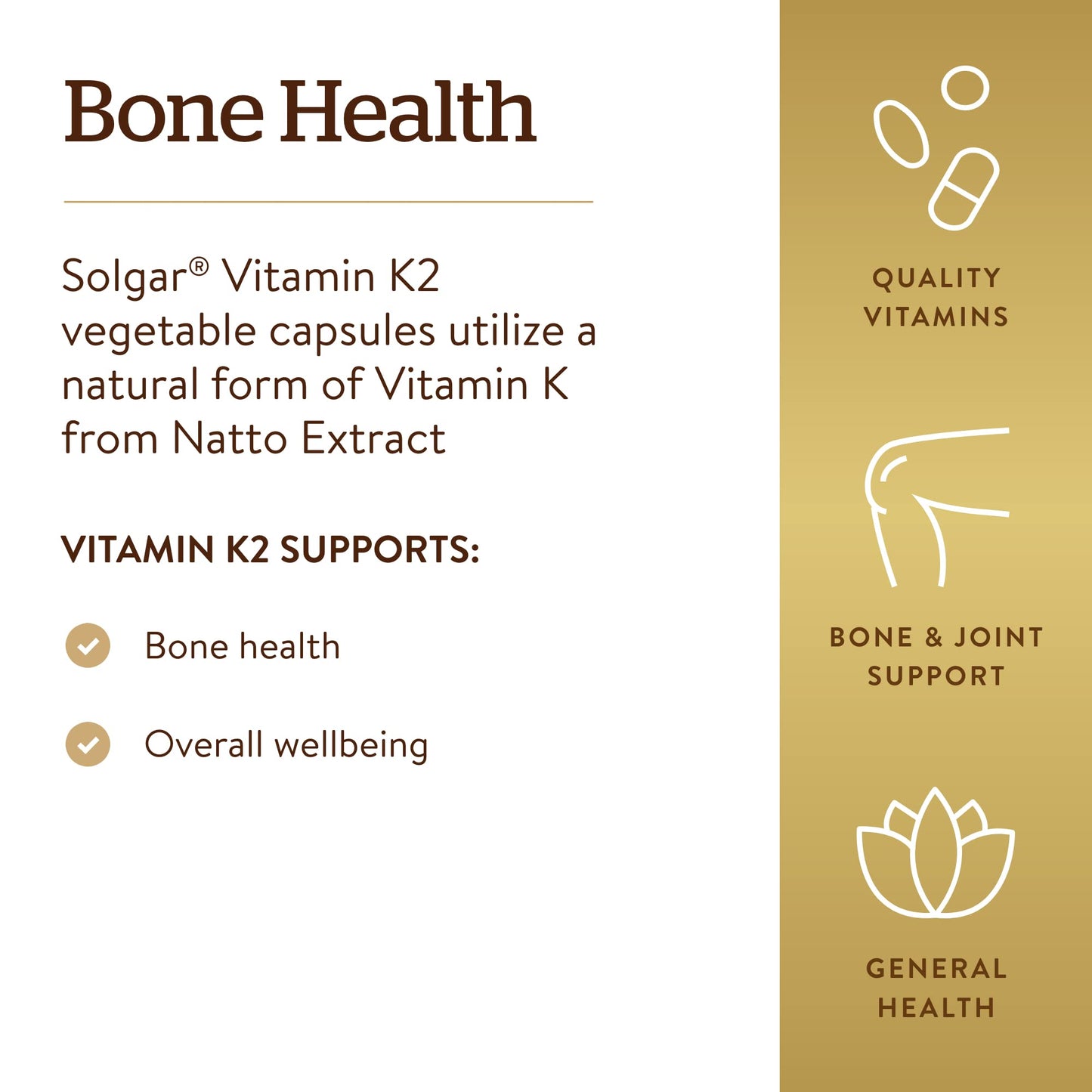 Solgar Naturally Sourced Vitamin K2 (MK-7) 100 mcg - 50 Vegetable Capsules - Supports Bone Health - Whole Food Source from Natto Extract - Non-GMO, Gluten Free - 50 Total Servings - Medaid International