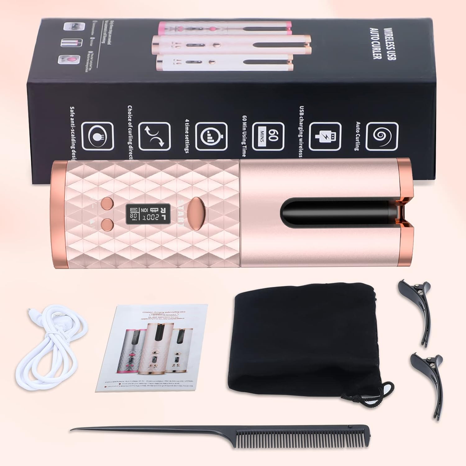 Automatic Curling Iron, Cordless Hair Curler Auto Hot Tools [6 Temp | 11 Timer | Auto Shut Off], Automatic Rotating Rechargeable Hair Curling Iron 1 inch, Portable Ceramic Travel Curling Wand, Pink - Medaid