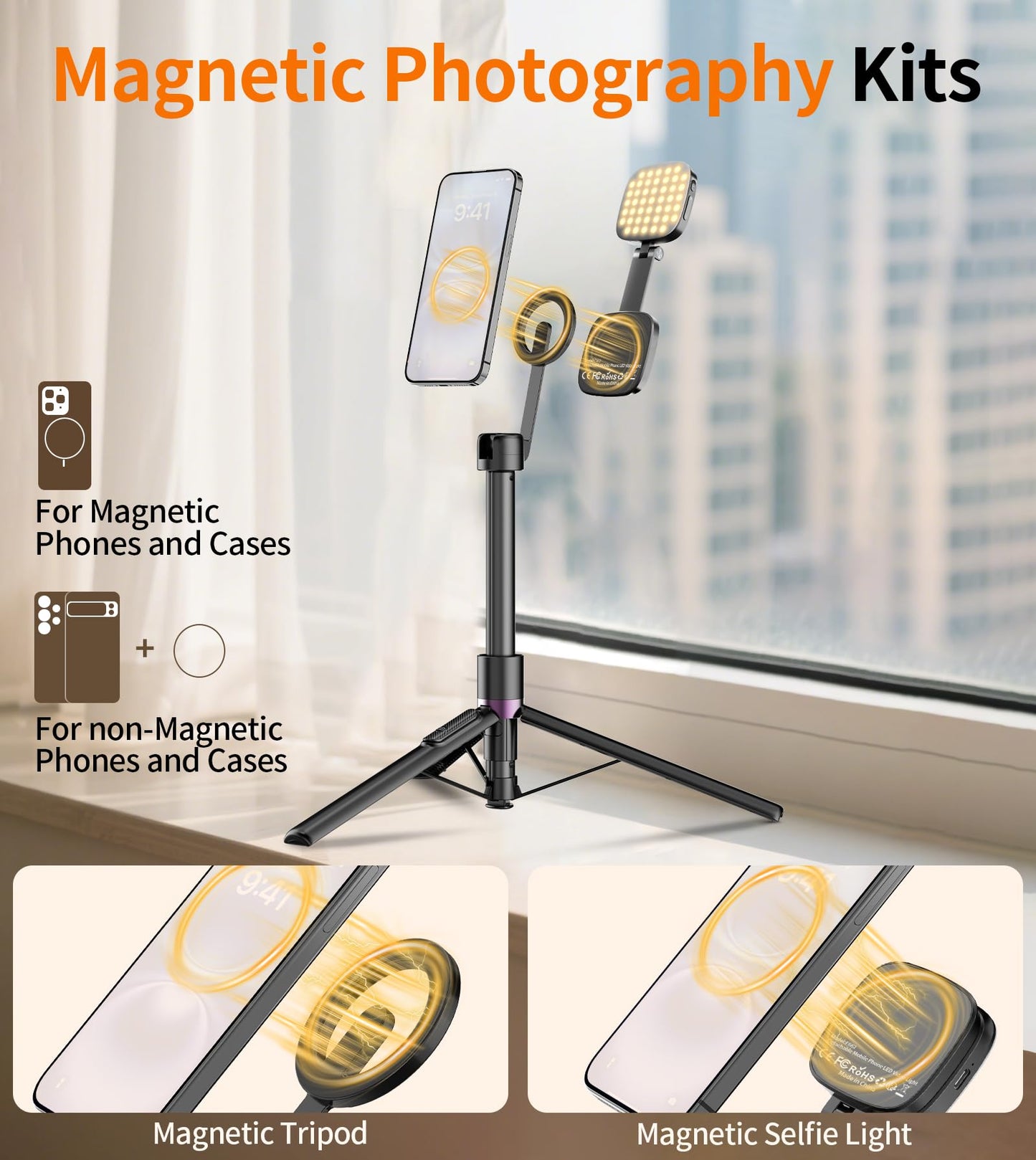 TONEOF 173cm Magnetic Mobile Phone Tripie with Light, 360° Rotating Selfie Stick Tripod, Mobile Phone Tripod with Metal Ring and Remote Control, Video Kit Compatible with iPhone and Android - Medaid International