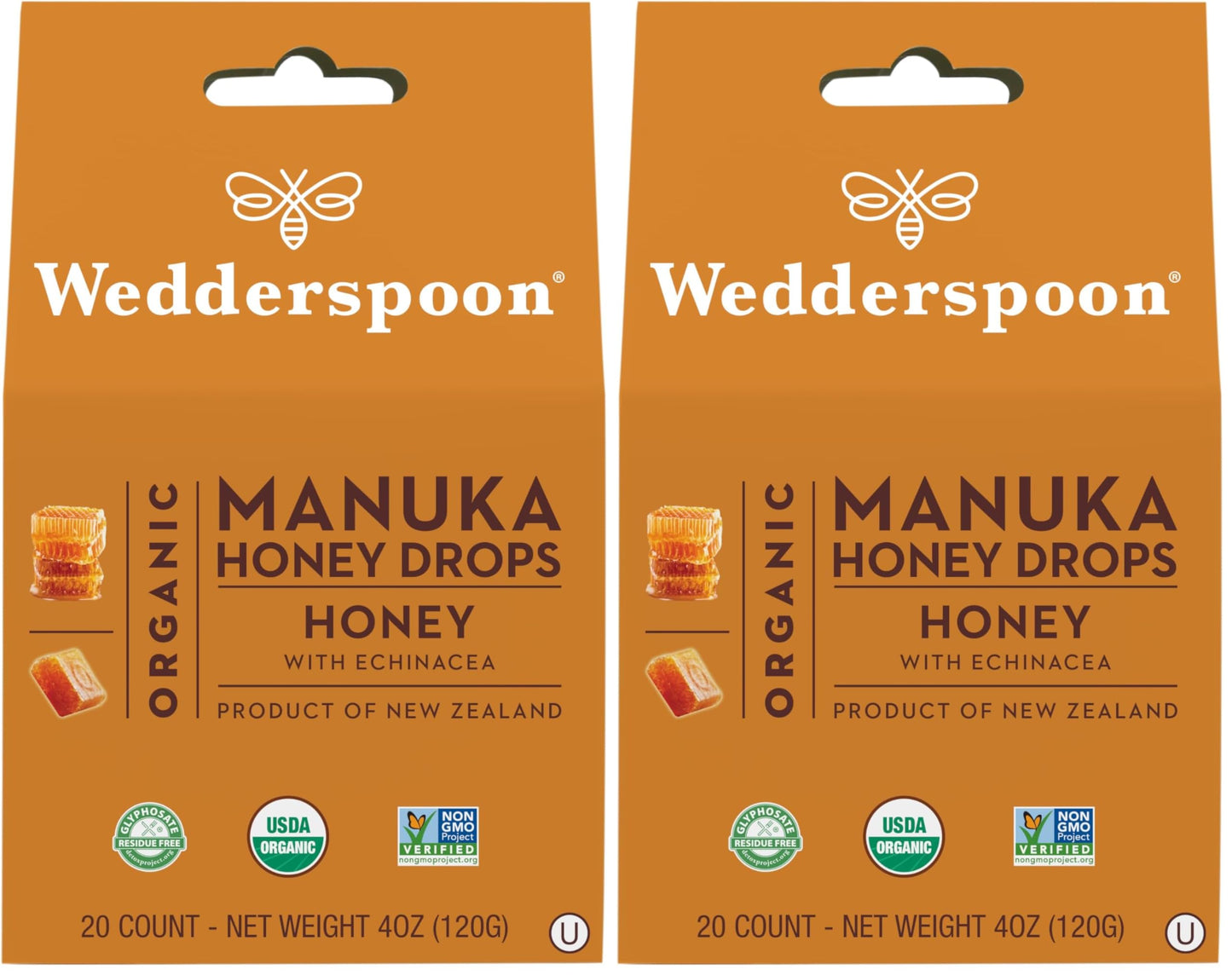 Wedderspoon Organic Manuka Honey Drops, Honey & Echinacea, 20 Count (Pack of 2) | Genuine New Zealand Honey | Perfect Remedy for Dry Throats - Medaid International