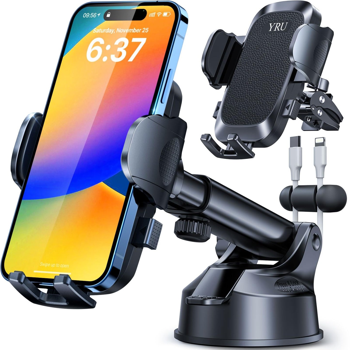 YRU [True Upgrade for Safety] Car Phone Holder Mount [Patent & Military-Grade] Dashboard Cell Phone Holder for Car Vent Windshield Phone Stand for iPhone 17 16 15 14 13 Pro Max Truck Samsung, Black - Medaid International