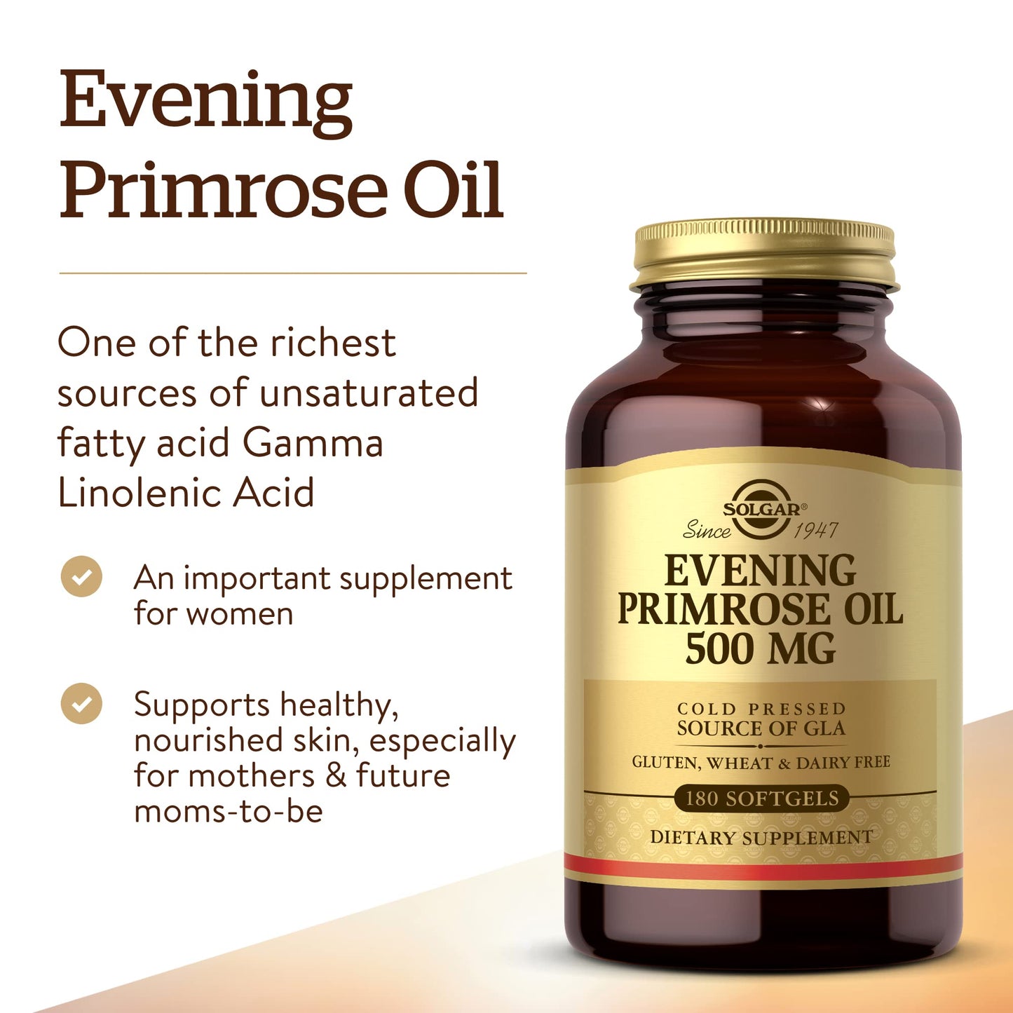 Solgar Evening Primrose Oil 500 mg, 180 Softgels - Promotes Healthy Skin & Cardiovascular Health - Nutritional Support for Women - Gluten Free, Dairy Free - 180 Servings - Medaid International