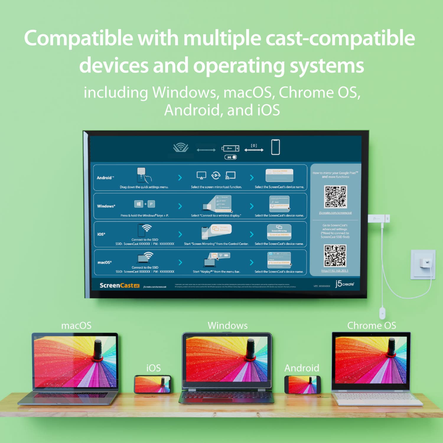 j5create ScreenCast 4K Wireless Adapter Screen Cast from Mobile Phone, Tablet, or Laptop Support for AirPlay, Miracast & Chromecast Mirror Extend for Windows & macOS Wireless Screen Display (JVAW76) - Medaid International