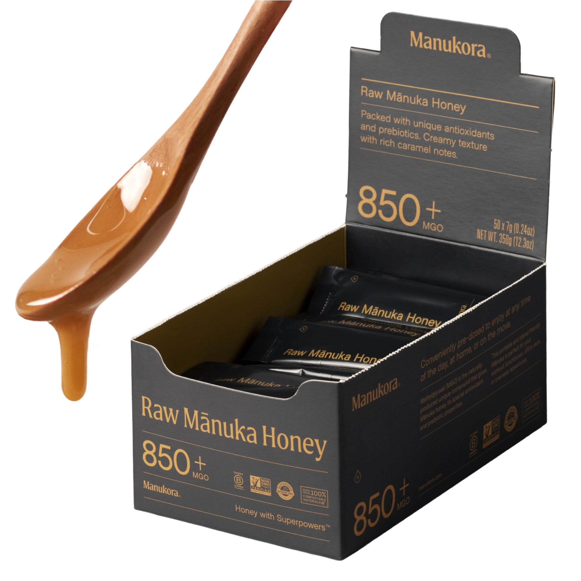 Manukora UMF 20+/MGO 850+ Raw Manuka Honey - Authentic Non-GMO New Zealand Honey, UMF & MGO Certified, Traceable from Hive to Hand (0.25 Oz Stick Packets (Pack of 50)) - Medaid International