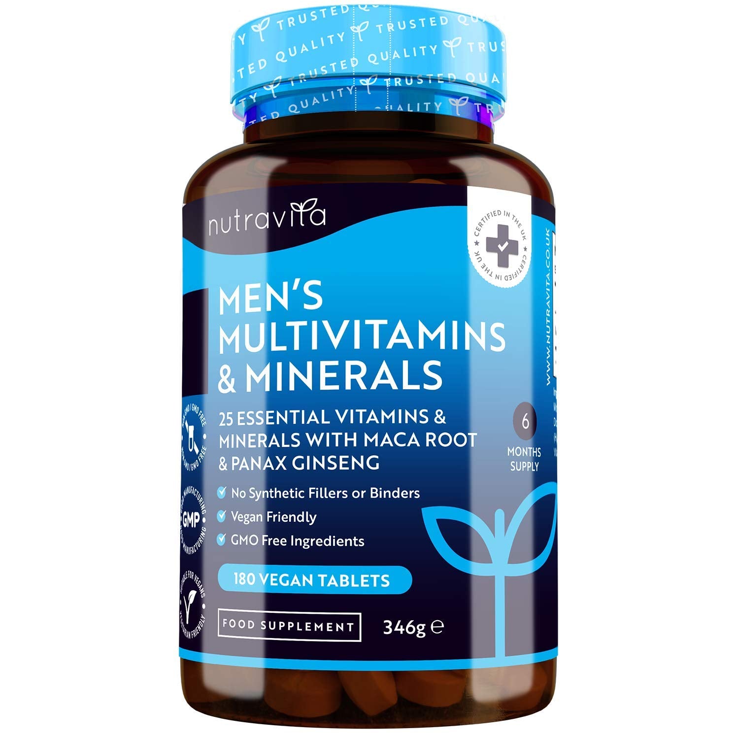 Nutravita Men's Multivitamins and Minerals - 27 Essential Active Vitamins and Minerals Including Maca Root and Panax Ginseng - 180 Vegan Tablets - No Synthetic Fillers or Binders - Made in The UK - Medaid International