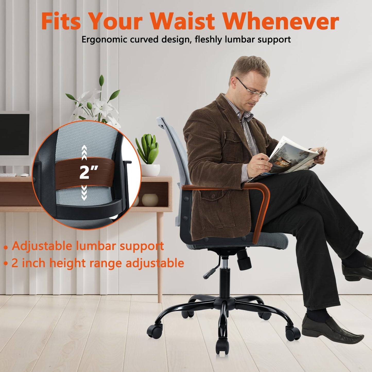 CLATINA Ergonomic Office Desk Chair - Mesh Office Chair with Adjustable Lumbar Support, Rolling Comfortable Computer Task Chairs with Arms for Home Conference-Gray, 8 Pack - Medaid International