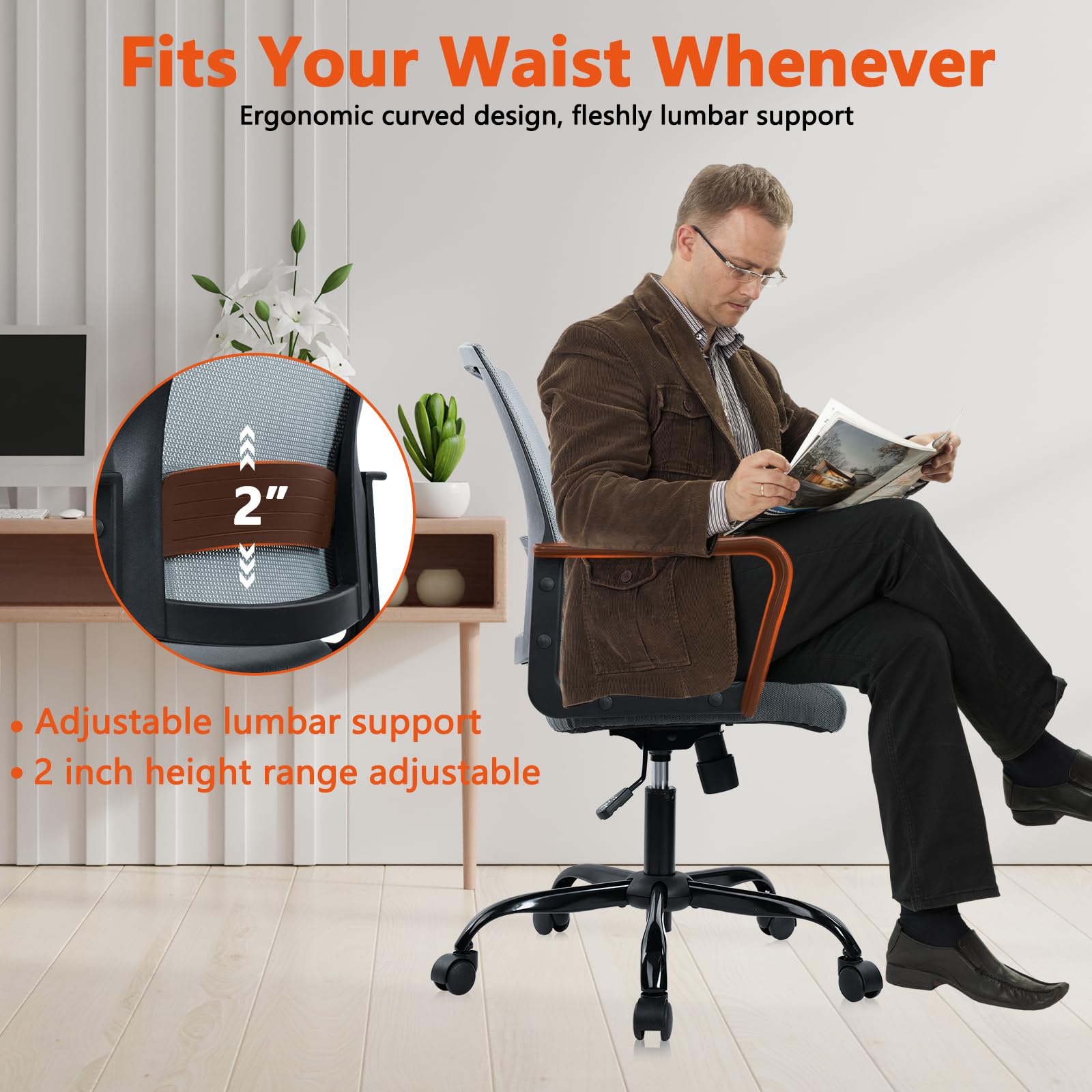 CLATINA Ergonomic Office Desk Chair - Mesh Office Chair with Adjustable Lumbar Support, Rolling Comfortable Computer Task Chairs with Arms for Home Conference-Gray, 8 Pack - Medaid International