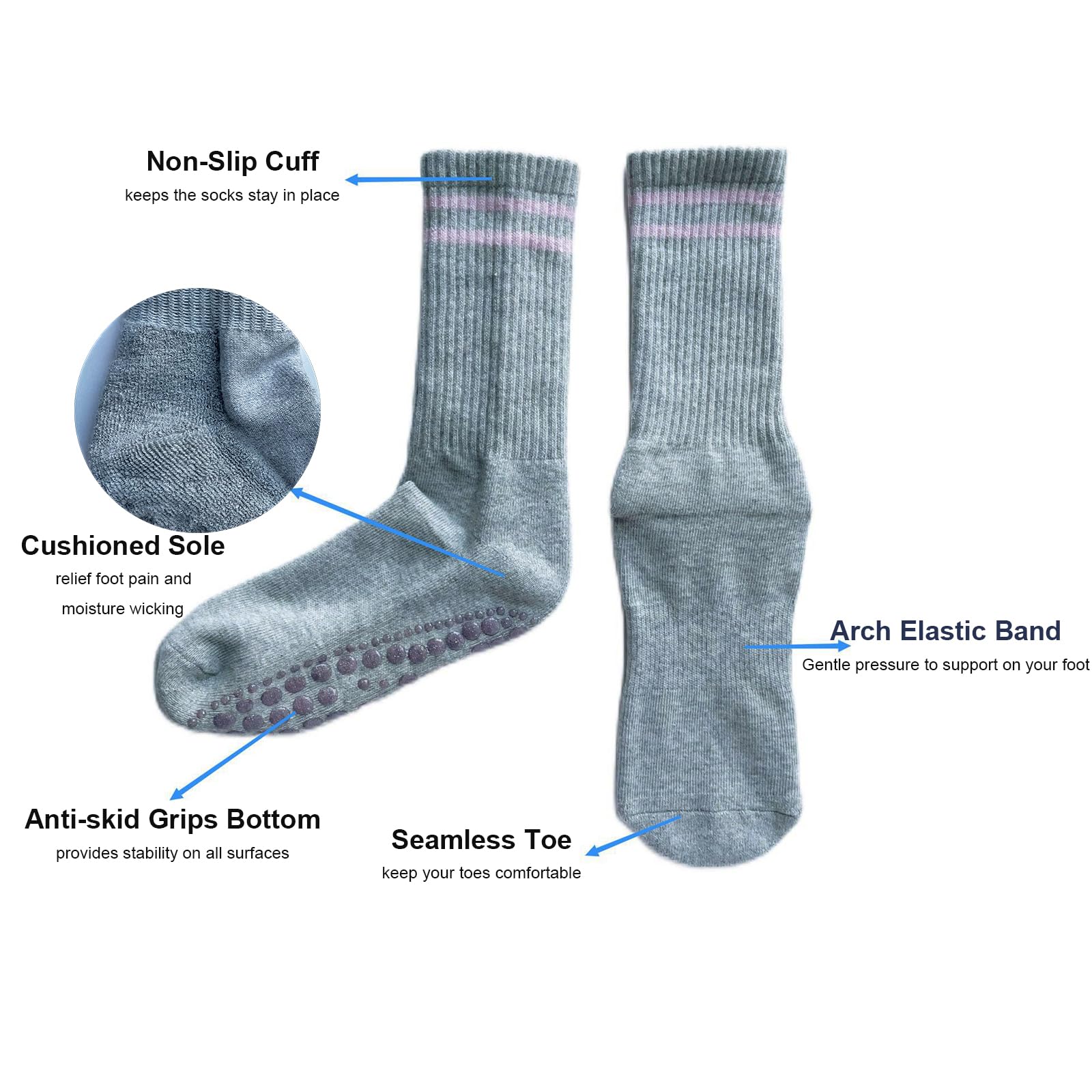 JCZANXI Yoga Socks with Grips for Women, Non Slip Socks for Yoga, Pilates, Barre, Dance | Ideal Cushioned Crew Socks (Black/Grey/Pink) - Medaid International