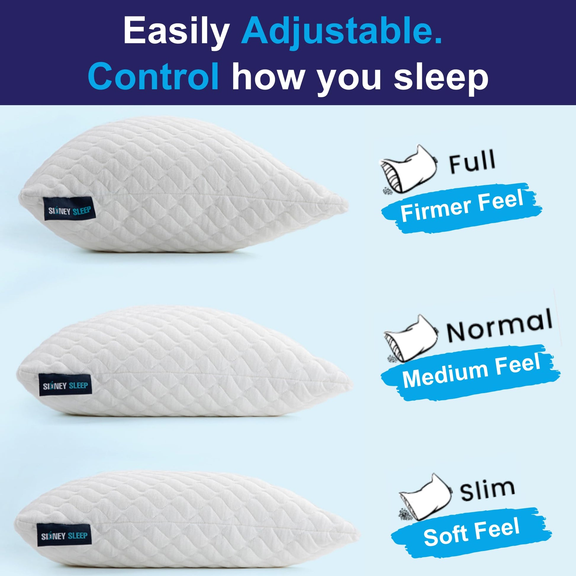 Sidney Sleep Pillow for Side and Back Sleepers - Comfort for Neck and Shoulder Pain - Adjustable Contour Fill - Queen Size - Extra Fill Included (White) - Medaid International