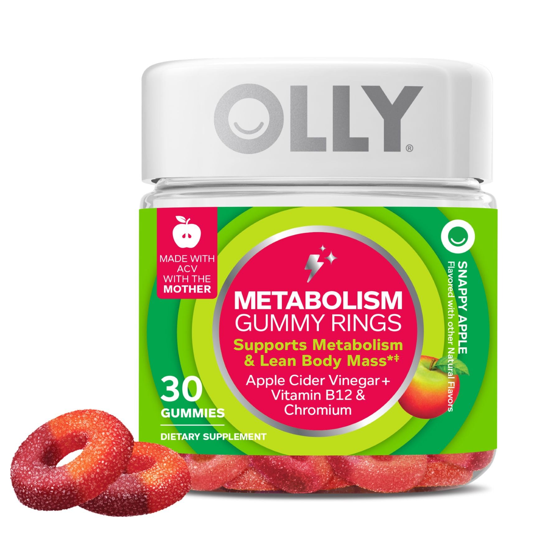 OLLY Metabolism Gummy Rings, Apple Cider Vinegar, Vitamin B12, Chromium, Energy and Digestive Health, Chewable Supplement, Apple Flavor - 30 Count - Medaid International