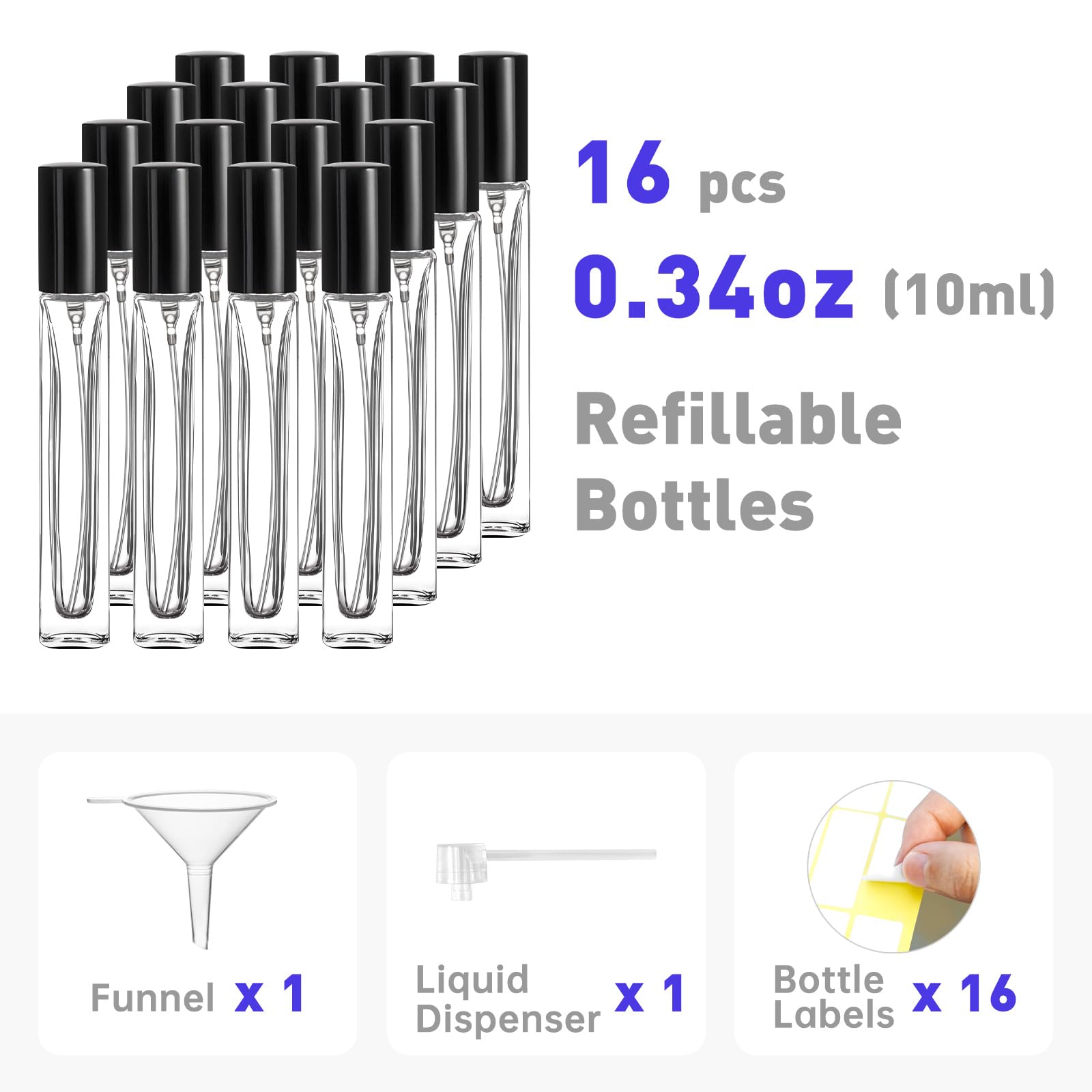 Glassfinity Travel Perfume Bottle Refillable, 16pcs 10ML Mini Glass Perfume Containers with Funnel and Label, Empty Portable Leak-proof Fragrance Bottles Spray Atomizer Pump Bottle Kit for Toiletries - Medaid International
