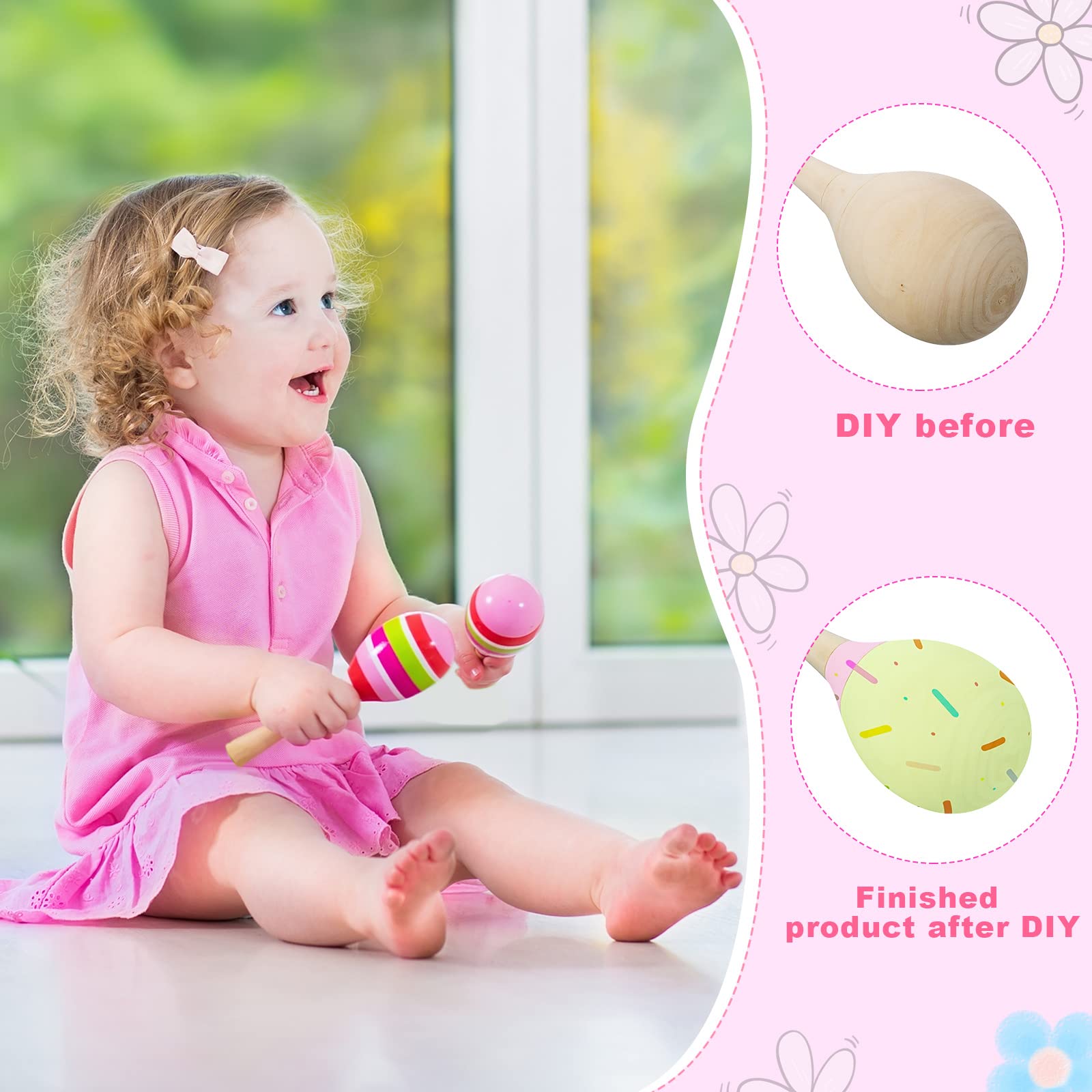 Leitee 6 Pcs DIY Wood Maracas Unfinished Hand Painted Maracas Party Favor Wooden Rumba Shakers Hand Percussion Rattles Musical Instruments with Clear Sound for Kid Adult(Log Color) - Medaid International