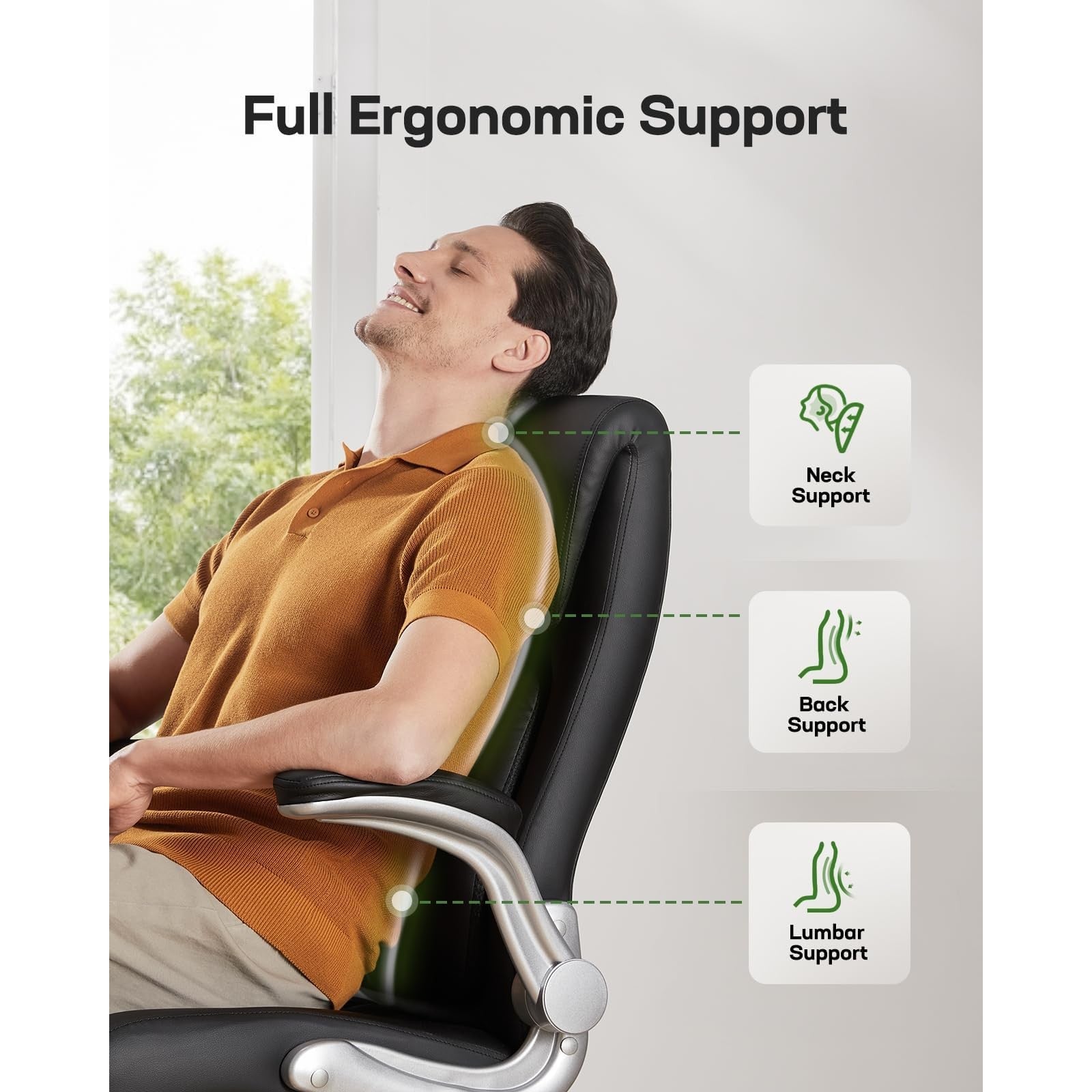 Marsail Ergonomic PU-Leather Office Chair: 5 Settings Lumbar Support, Executive Office Chair Height Adjustable with Padded Flip-up Arms, Executive Desk Chair for Working Study-Black - Medaid International
