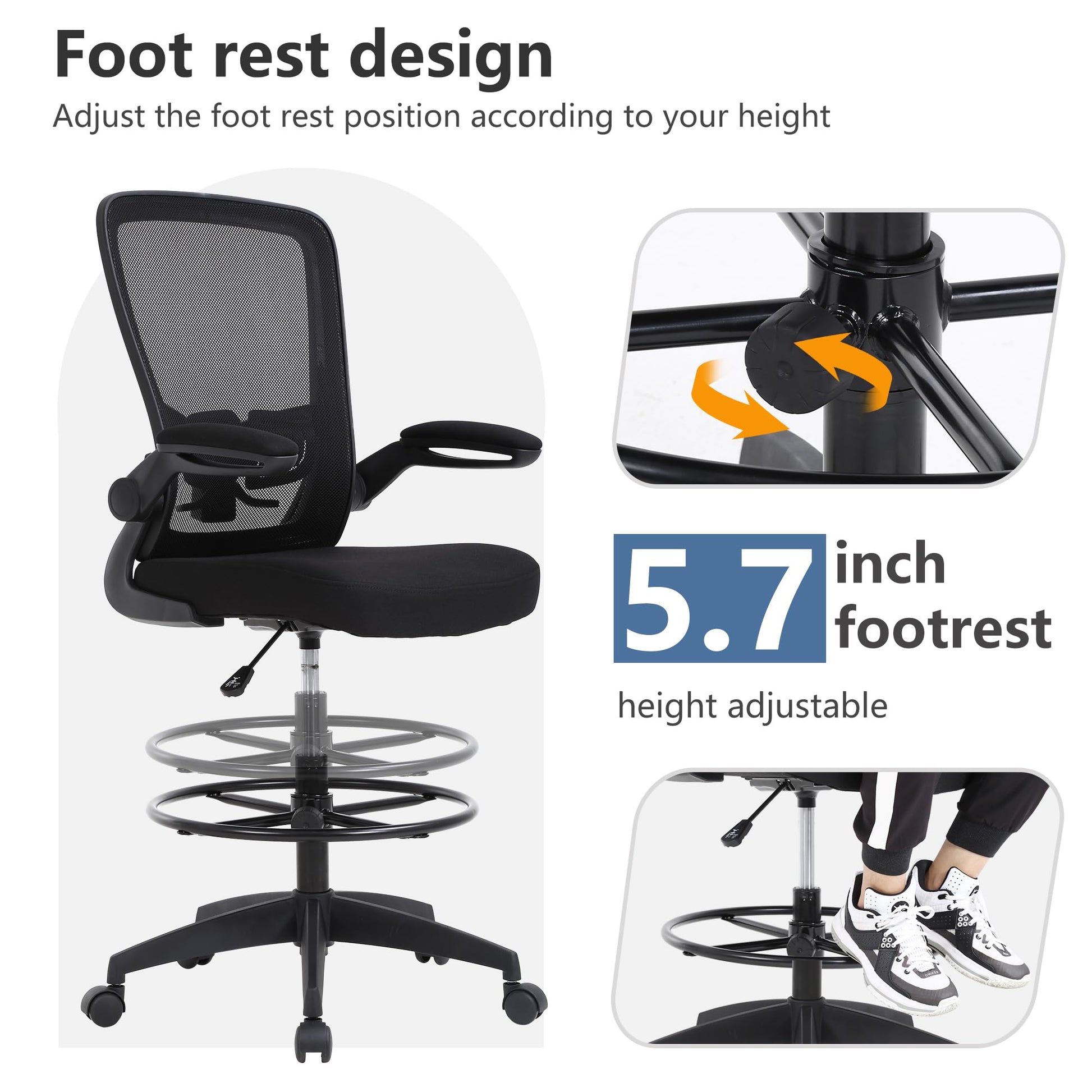PayLessHere Ergonomic Drafting Chair Tall Office Chair High Adjustable Standing Desk Chair with Lumbar Support Mesh Back Footrest Flip-Up Arms for Office Computer Desk Standing Desk (Black) - Medaid International