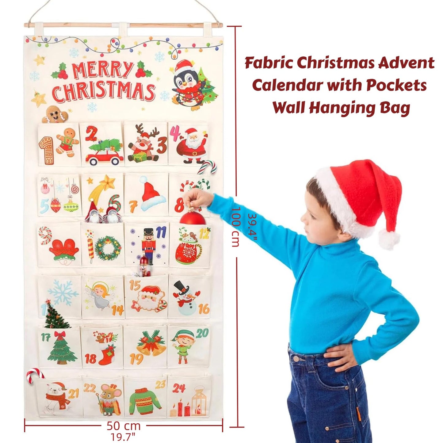 Christmas Advent Calendar Wall Hanging Bag With 24 Pockets, 24 Days Countdown Calendar Storage Bag for Xmas Home Wall Decoration, Reusable Fabric Gift Favors for kids friends family (Red) - Medaid International