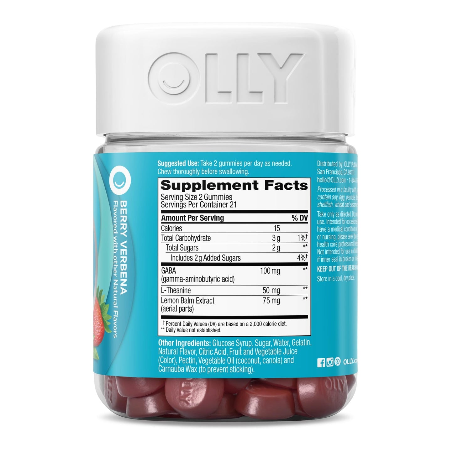 OLLY Goodbye Stress Gummy, GABA, L-Theanine, Lemon Balm, Stress Relief Supplement, Berry - 42 Count - Medaid International