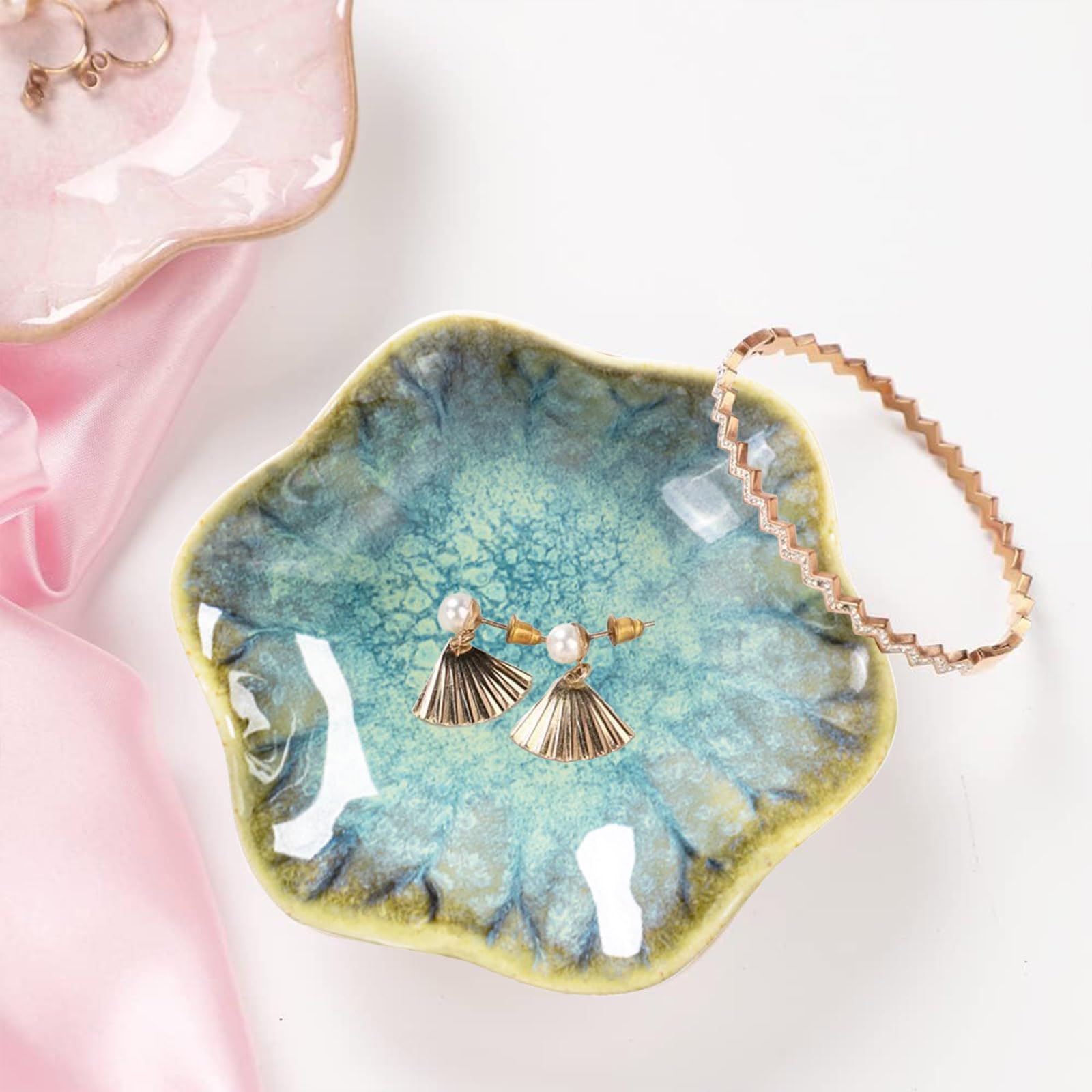 Ceramic Jewelry Dish,Leaf Jewelry Tray Key Tray,Jewelry Holder,Small Ring Dish Holder Jewelry Plate Trinket Dish Catchall Tray Nightstand Decor For Entryway Table Green Room Decor（Crystal Green） - Medaid International