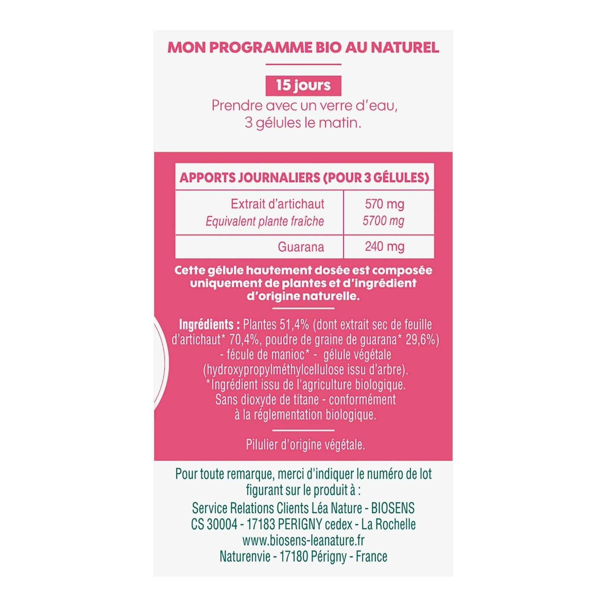 Biosens - Gélule végétale Stimulant Minceur - Artichaut et Guarana - Certifié Bio AB Vegan - Fabriqué en France - Actifs 100% Végétaux - Programme de 15 jours - 45 gélules - Medaid International