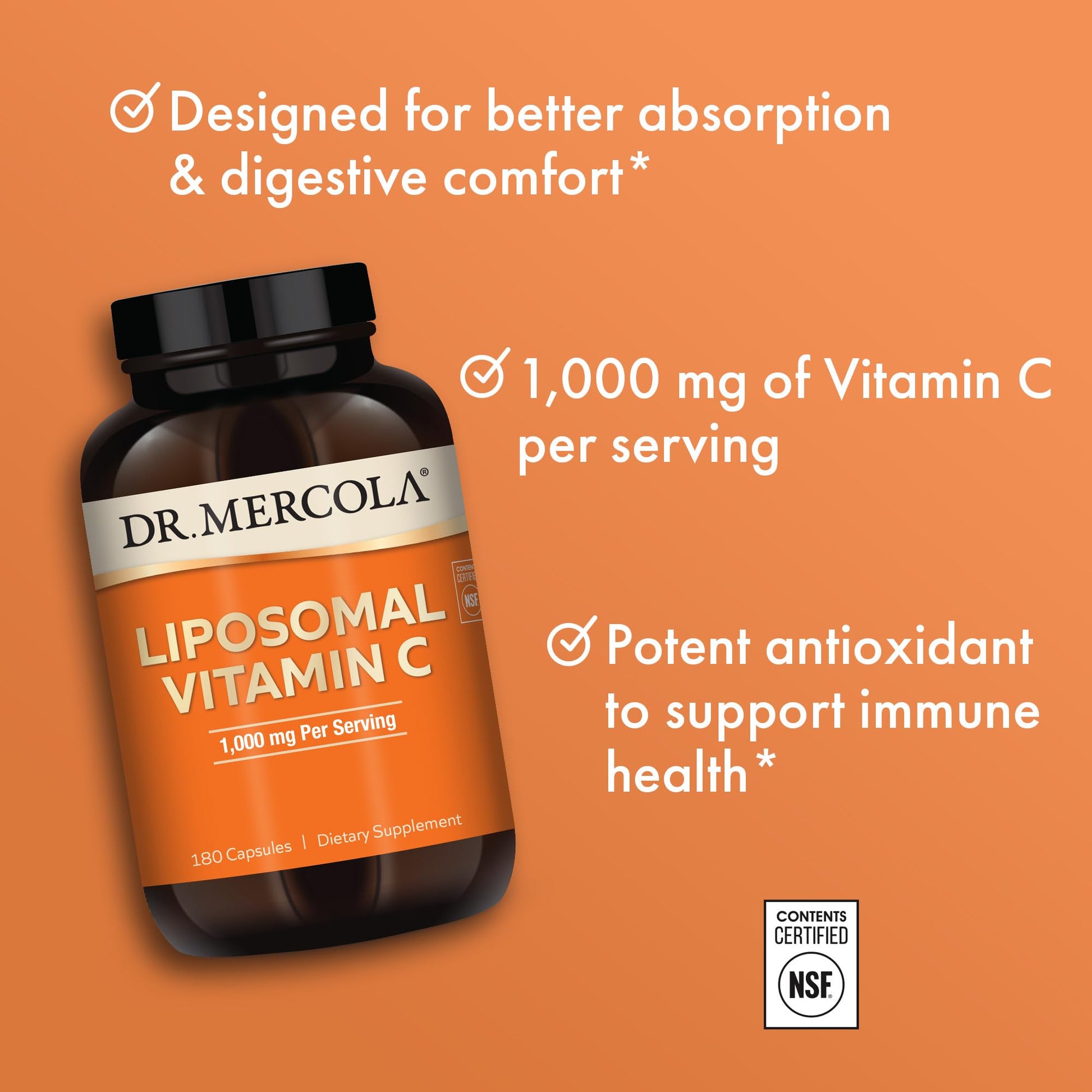 Dr. Mercola Liposomal Vitamin C, 1,000 mg per Serving, 90 Servings (180 Capsules), Dietary Supplement, Supports Immune Health, Non GMO, NSF Certified - Medaid International