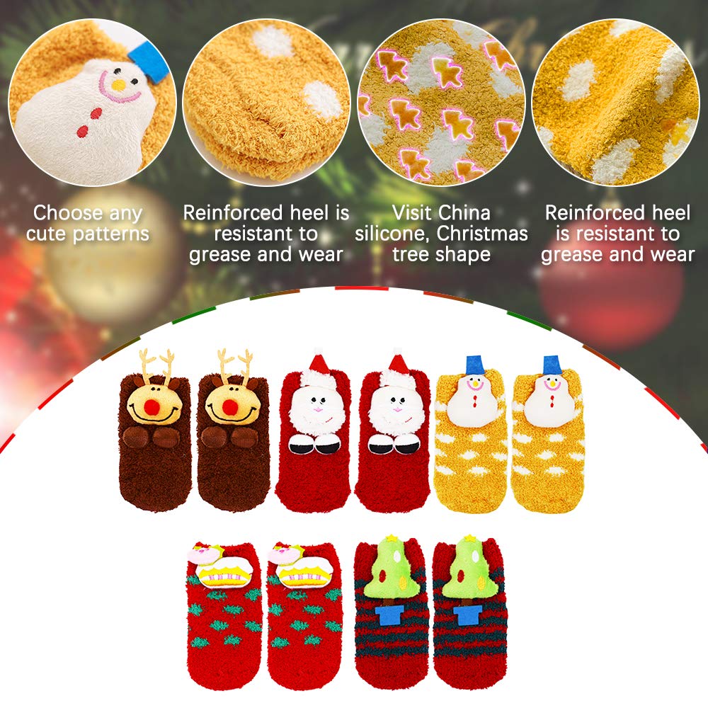 JEPELUS 5 Pairs Small Slipper Fluffy Socks, 3D Anti-skid Christmas Cozy Comfy Sock Winter Fuzzy Coral Fleece Socks for Toddler Kids Holiday Gifts (Christmas Xmas Tree Cake Reindeer Snowmen Father) - Medaid International