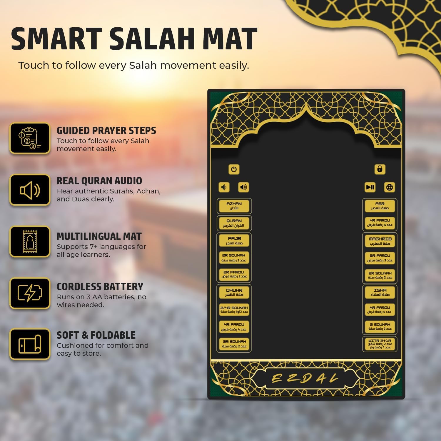 EZDAL Smart Interactive Prayer Mat V3 – Touch Sensor Quran Recitations Multilingual Portable Foldable Salah Mat - Islamic Audio Prayer Rug for Kids Women Men & Adults - Medaid International